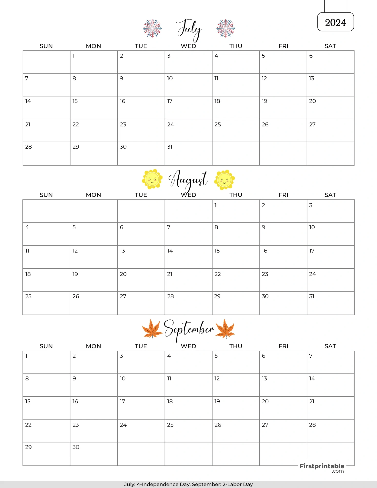 Free 3 Month Calendars 2024 with July 3rd Holiday Calendar 2024