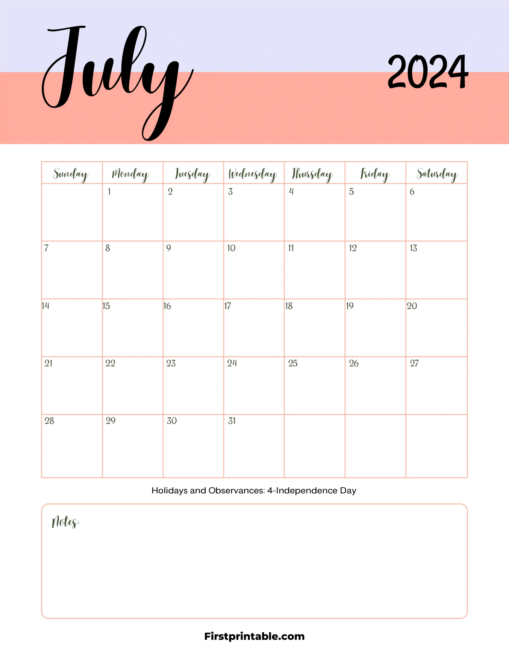 Free Printable &amp;amp; Fillable July Calendar 2024 in July 18th Holiday Calendar 2024
