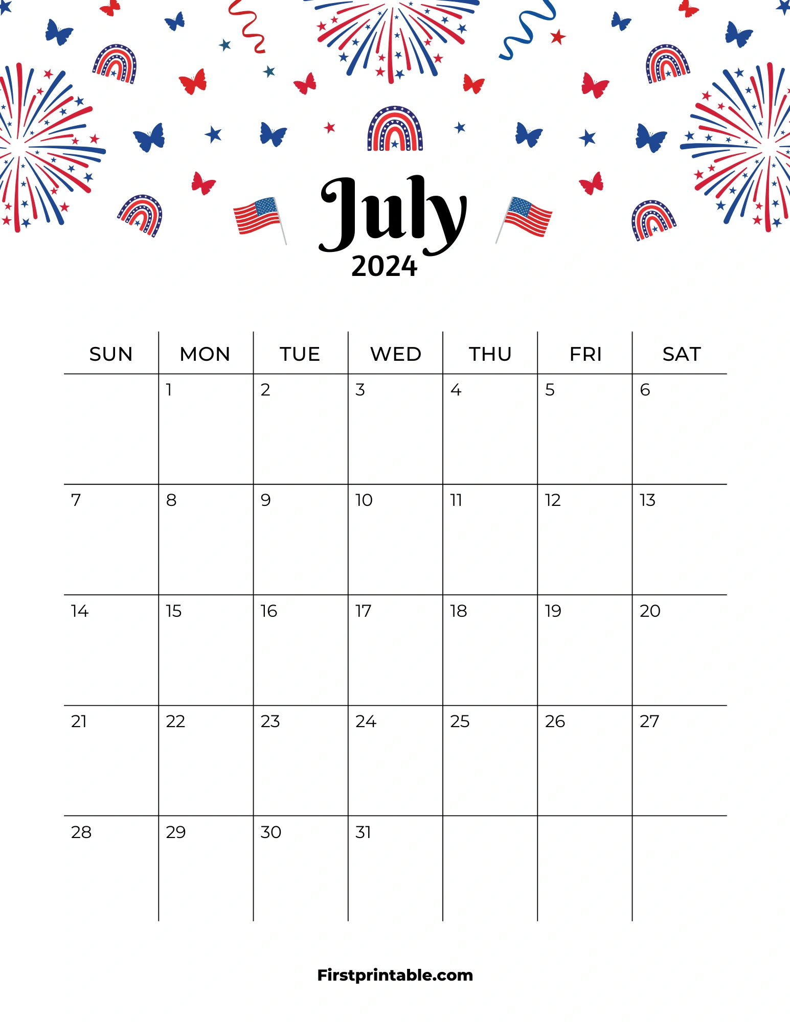 Free Printable &amp;amp; Fillable July Calendar 2024 inside July 4th Holiday Calendar 2024