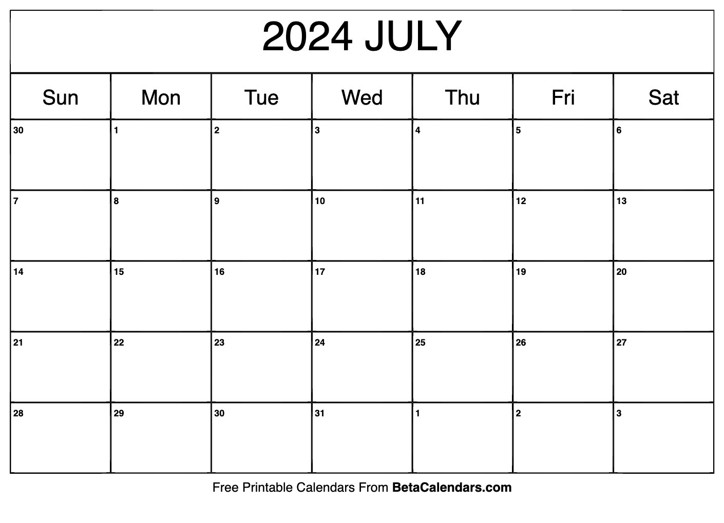 Free Printable July 2024 Calendar throughout Blank Monthly Calendar July 2024