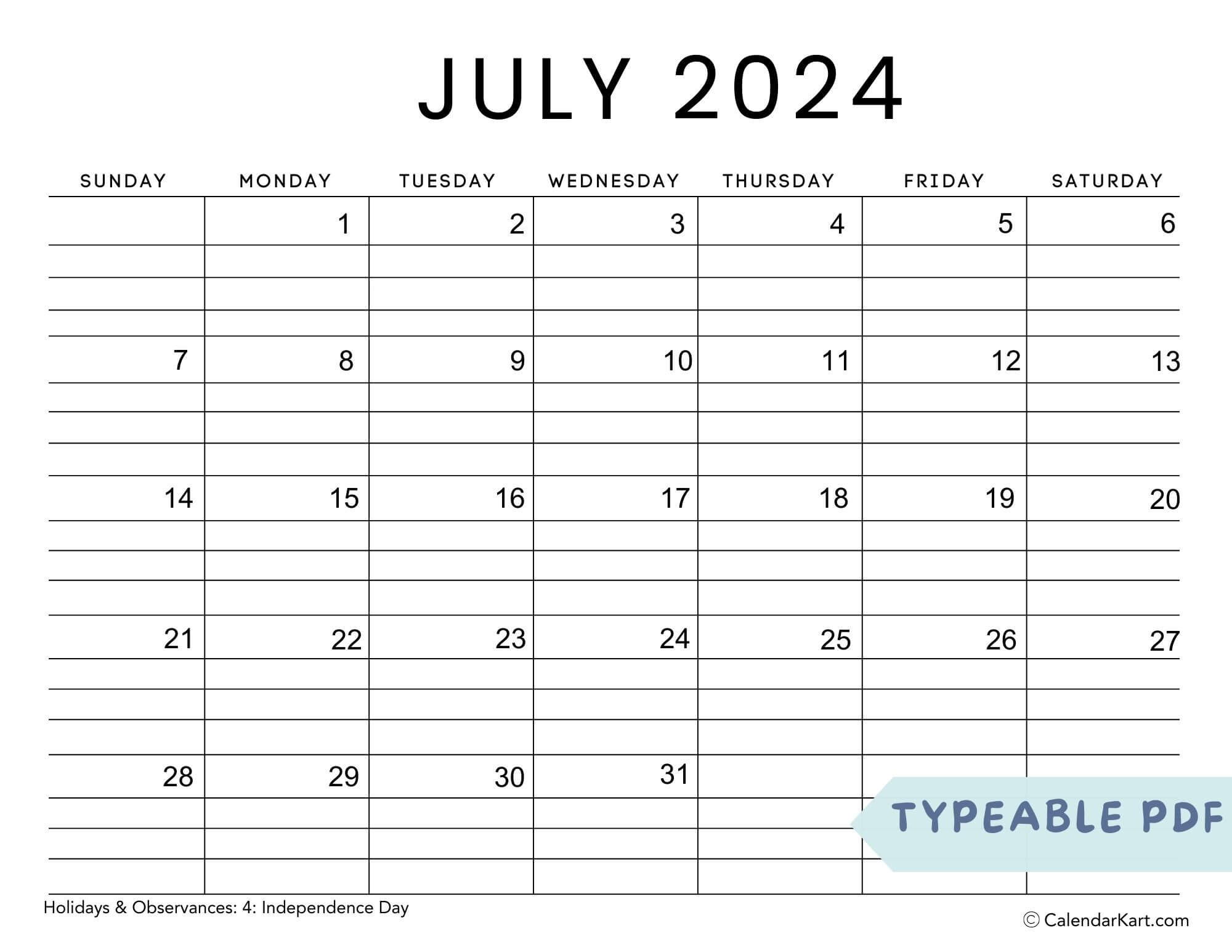 Get Free Printable July 2024 Calendar - Calendarkart with regard to 16 Month Calendar Starting July 2024