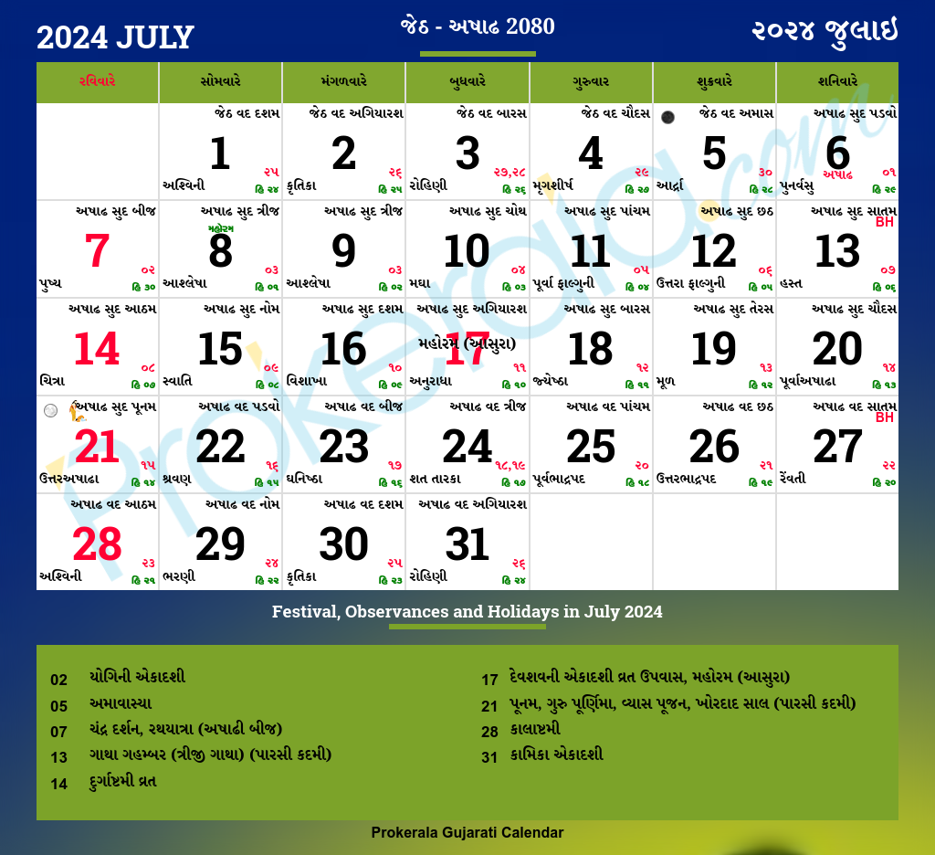 Gujarati Calendar July, 2024 | Vikram Samvat 2080, Jetha, Ashadha inside 14Th July 2024 Hindu Calendar