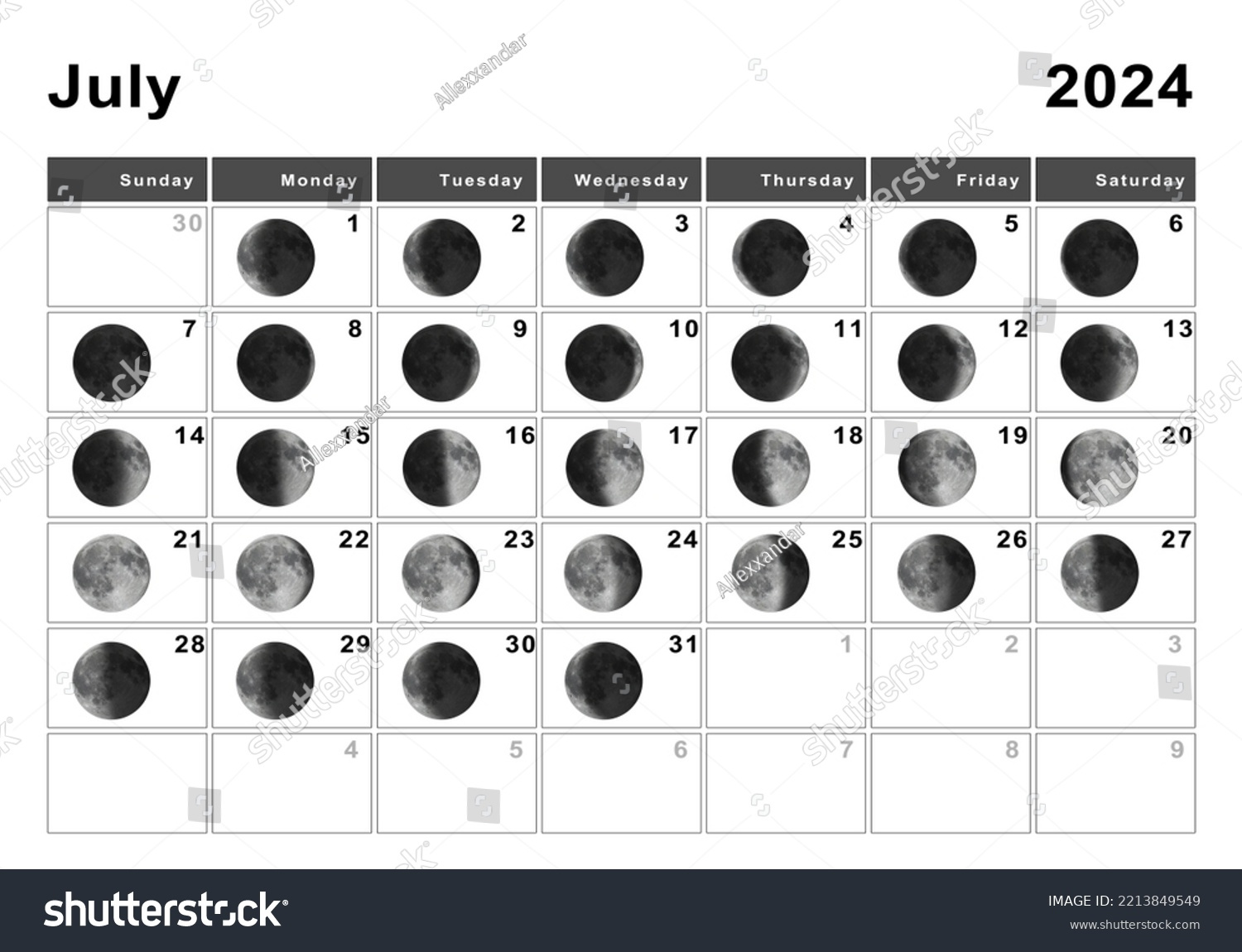 Juli 2024 Mondkalender, Mondzyklen, Mondphasen: Stockillustration with July 7Th Lunar Calendar 2024
