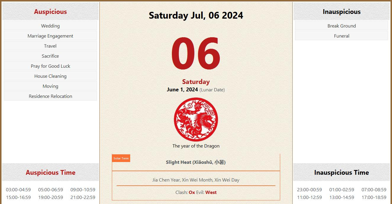 July 06, 2024 Almanac Calendar: Auspicious/Inauspicious Events And inside July 6 Chinese Calendar 2024