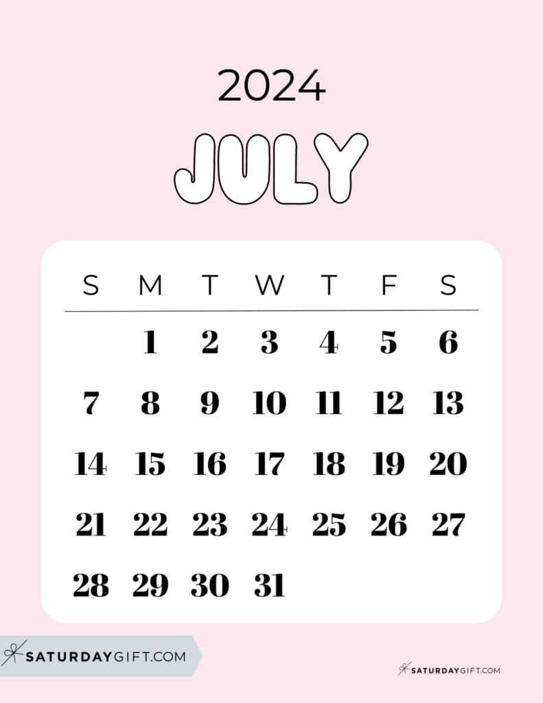 July 2024 Calendar - 20 Cute &amp;amp; Free Printables | Saturdaygift for 6 July 2024 Calendar Printable