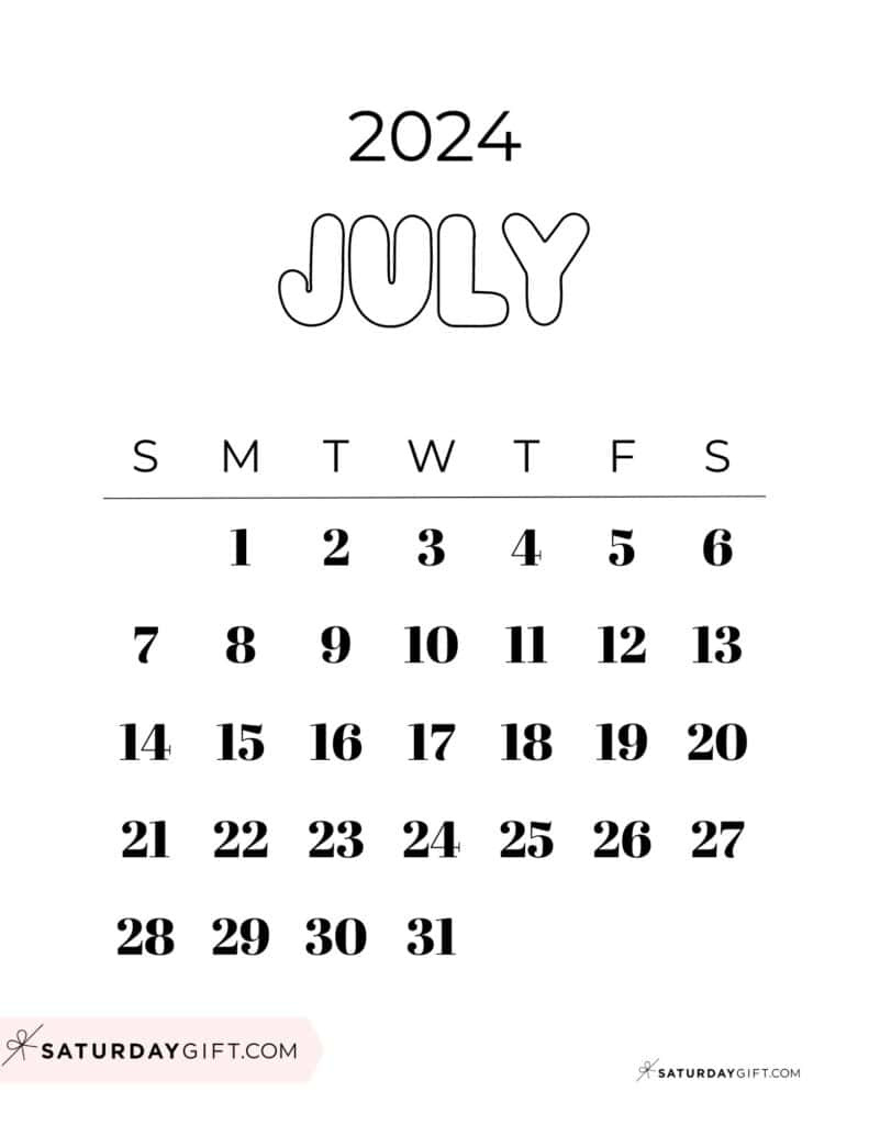 July 2024 Calendar - 20 Cute &amp;amp; Free Printables | Saturdaygift throughout 21 July 2024 Calendar Printable