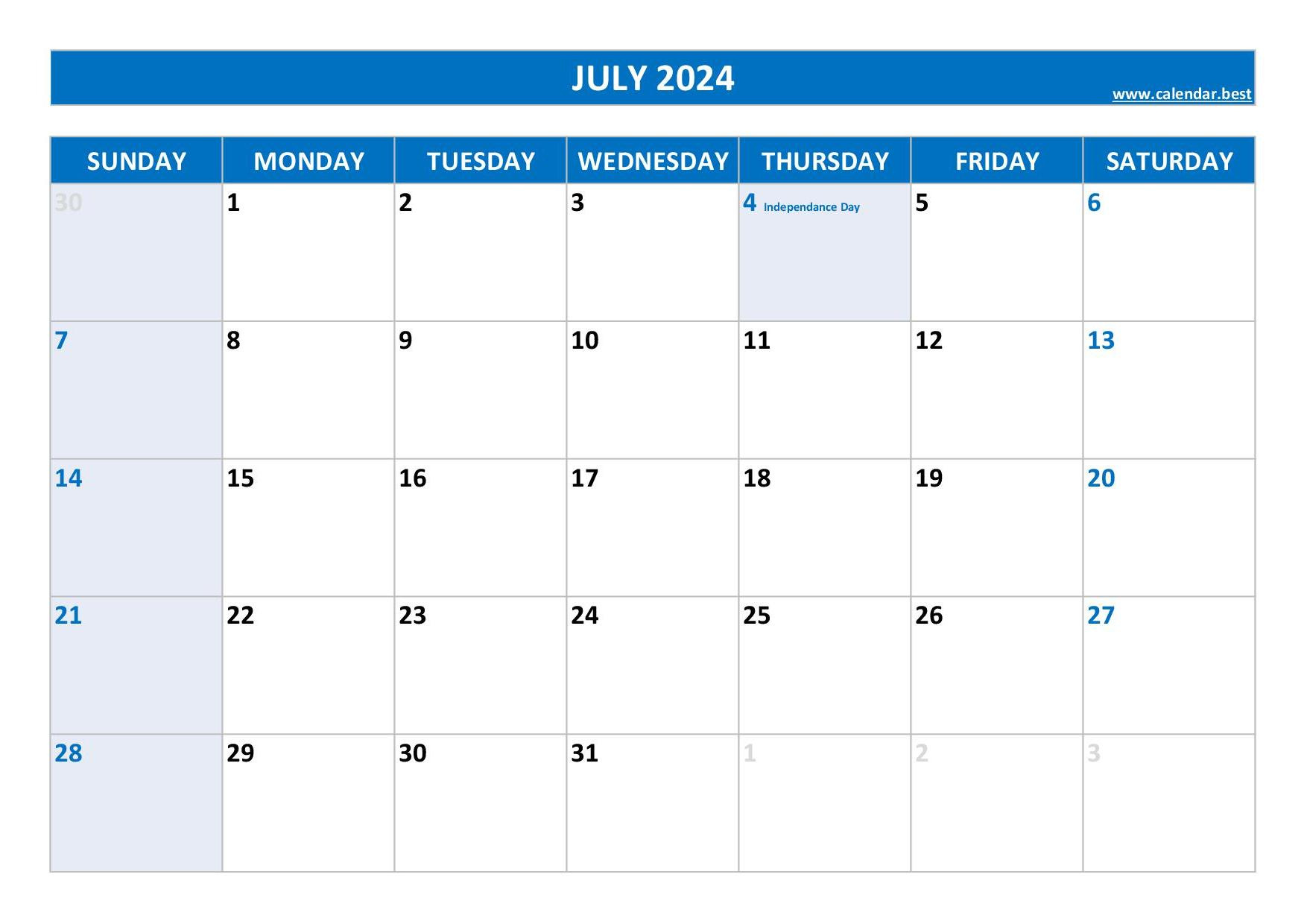 July 2024 Calendar -Calendar.best throughout July 16Th Holiday Calendar 2024