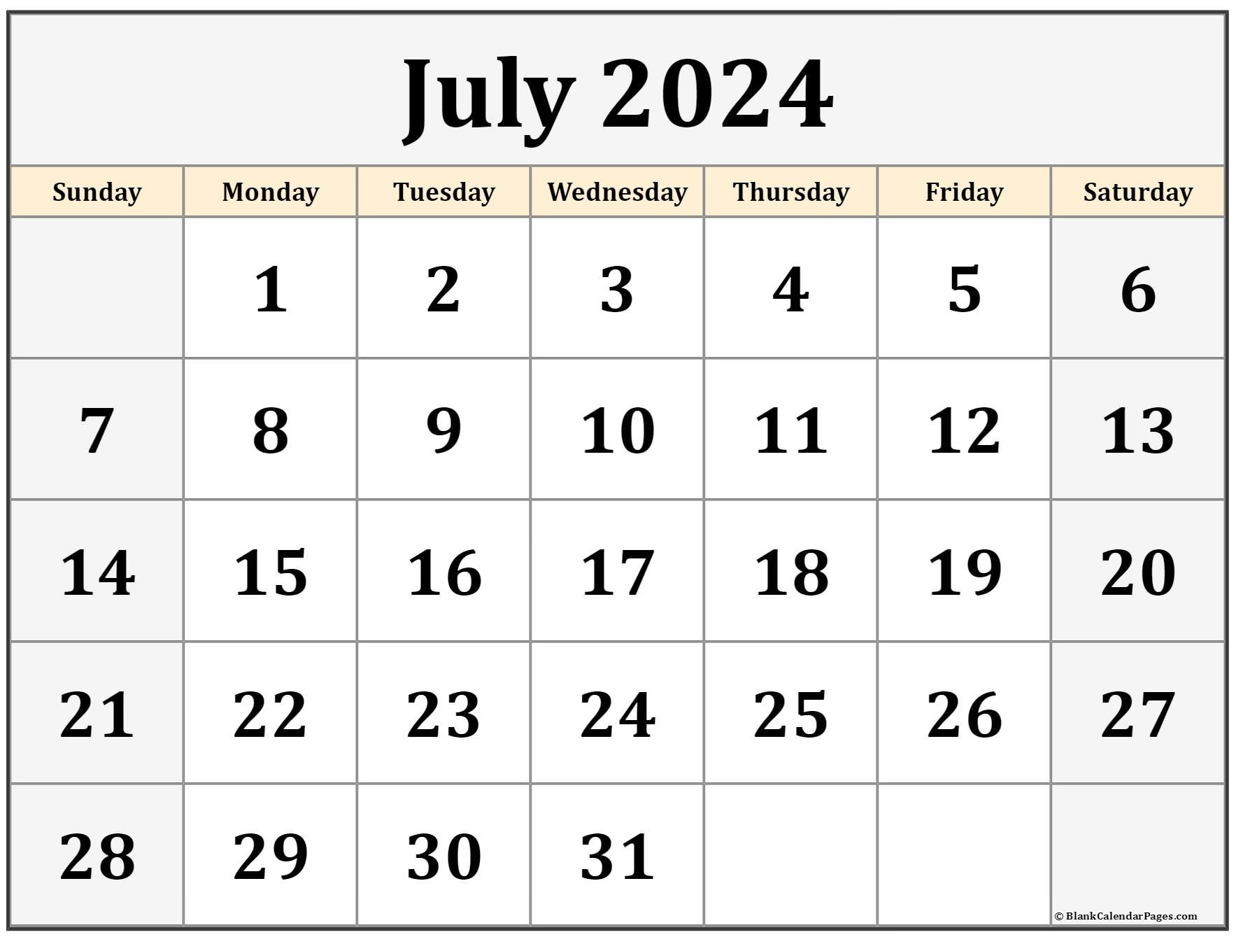 Calendar Page For July 2024 | Printable Calendar 2024