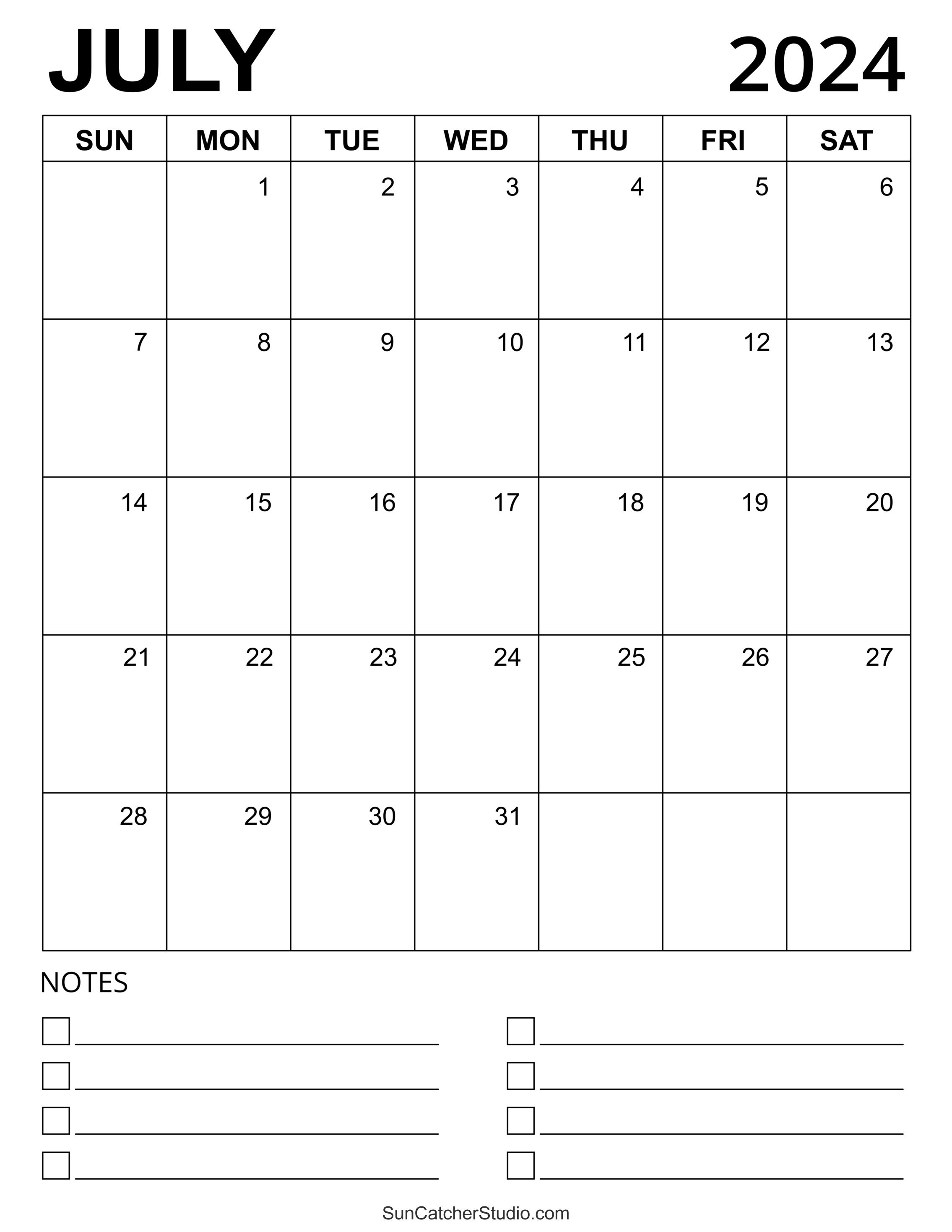 July 2024 Calendar (Free Printable) – Diy Projects, Patterns pertaining to Calendar July 2024 With Notes