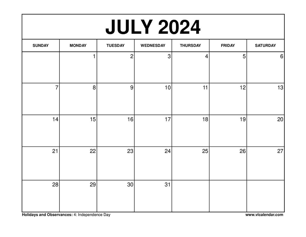 July 2024 Calendar Printable Templates With Holidays in 10th July 2024 Calendar Printable