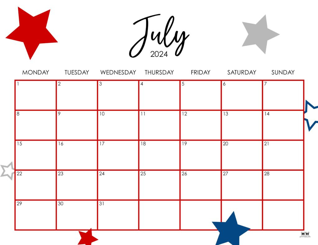 July 2024 Calendars - 50 Free Printables | Printabulls for 29 July 2024 Calendar Printable