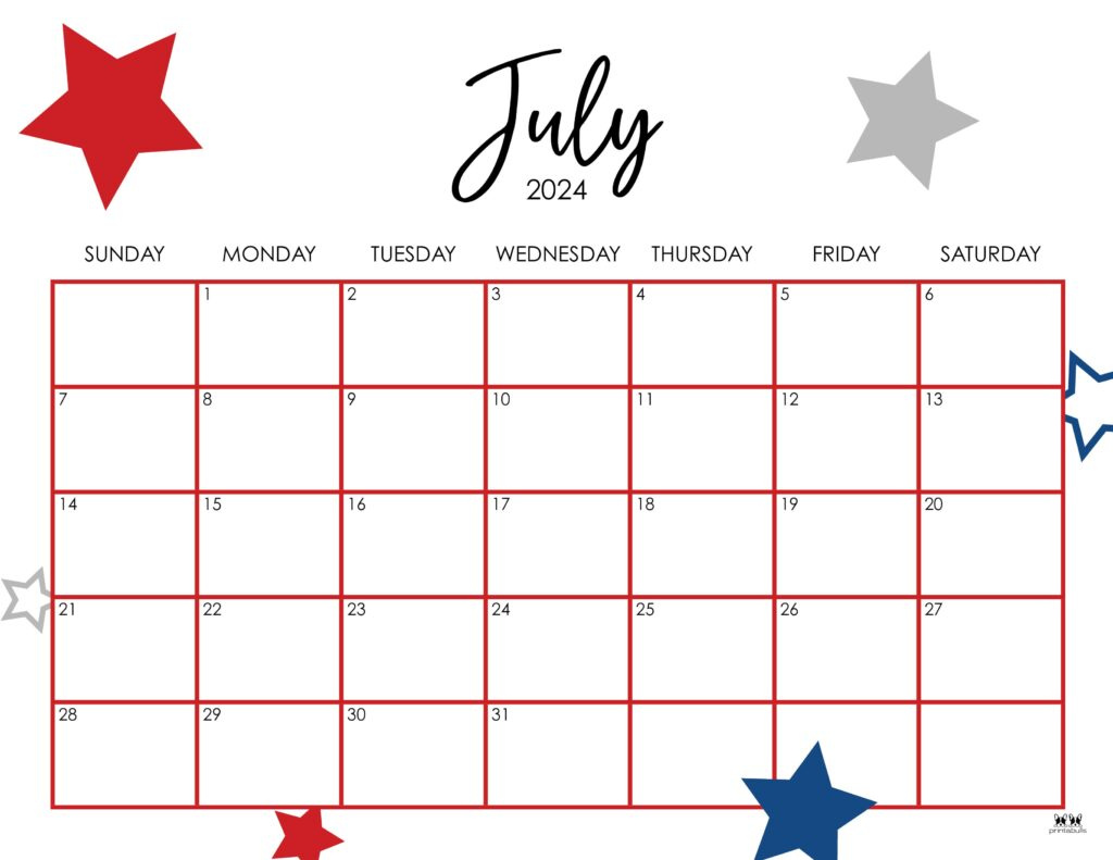 July 2024 Calendars - 50 Free Printables | Printabulls in 8th July 2024 Calendar Printable