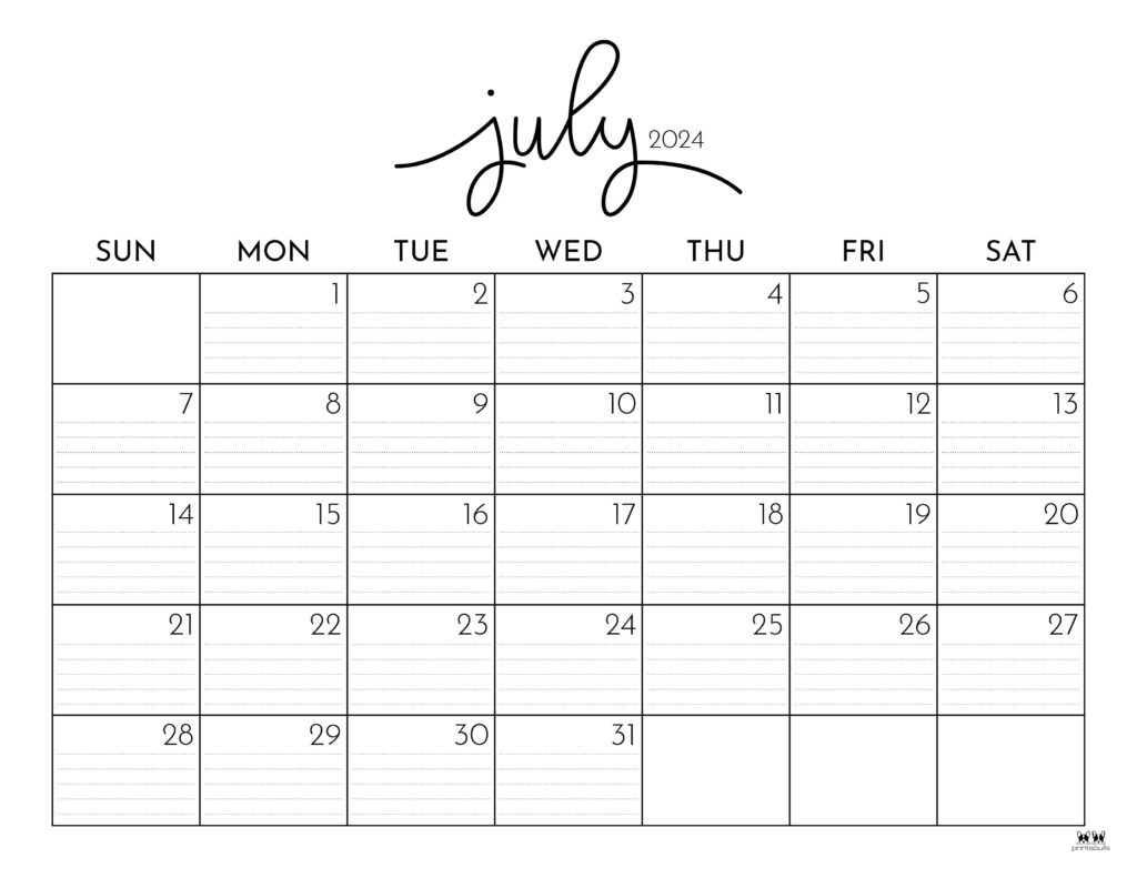 July 2024 Calendars - 50 Free Printables | Printabulls in Blank July Calendar Printable 2024