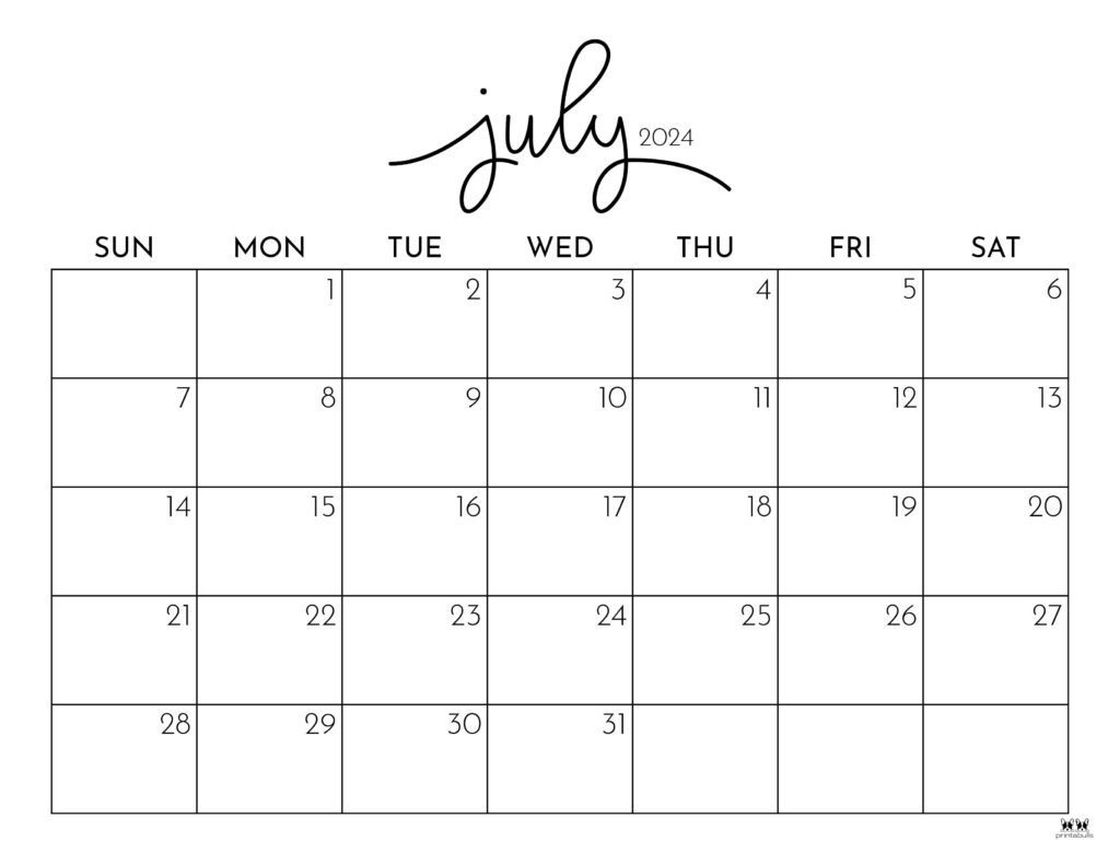 July 2024 Calendars - 50 Free Printables | Printabulls inside 1 Month Calendar Starting July 2024