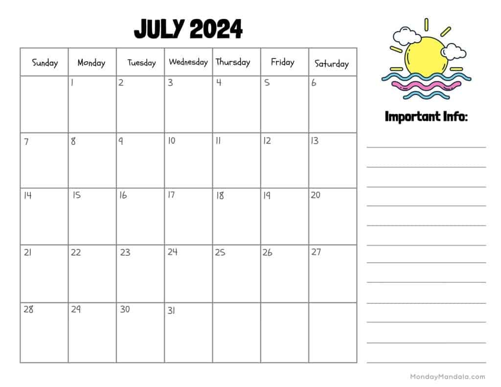 July 2024 Calendars (52 Free Pdf Printables) with 2Nd July 2024 Calendar Printable