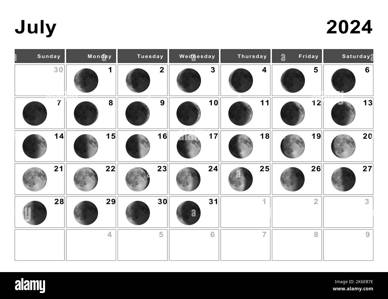 July 2024 Lunar Calendar, Moon Cycles, Moon Phases Stock Photo - Alamy intended for July 15Th Lunar Calendar 2024