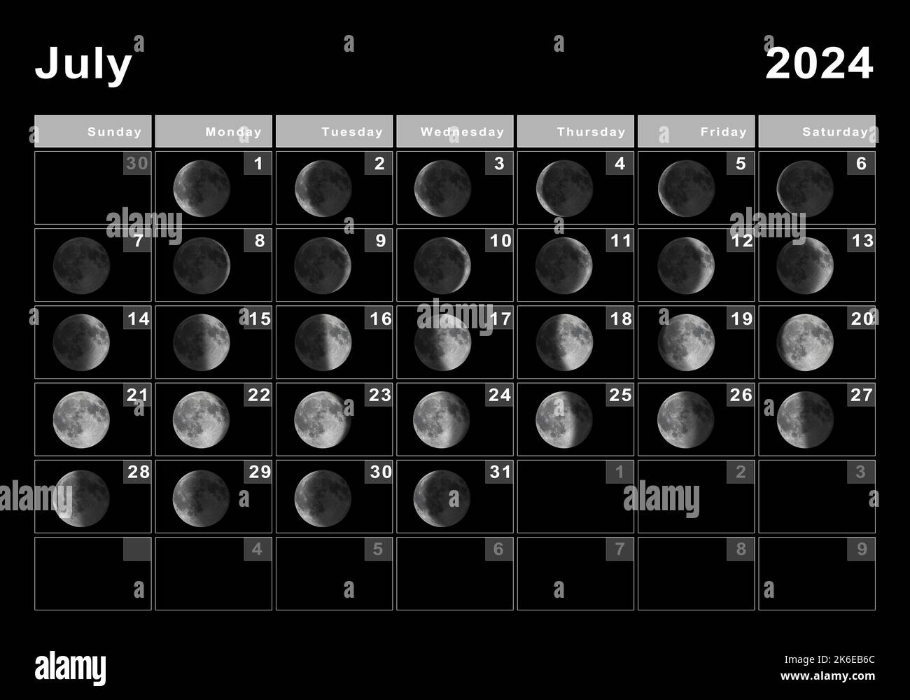 July 2024 Lunar Calendar, Moon Cycles, Moon Phases Stock Photo - Alamy with regard to July 2nd Lunar Calendar 2024