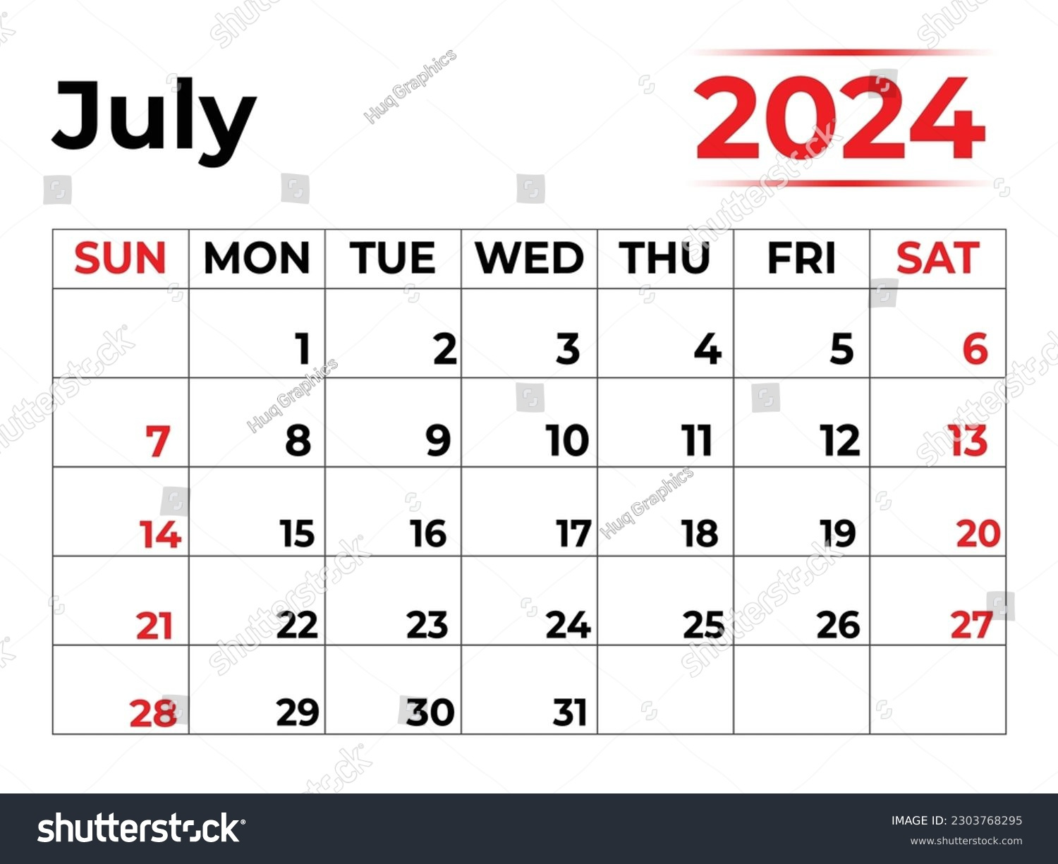 July 2024 Monthly Calendar Design Clean Stock Vector (Royalty Free regarding 11 Month Calendar Starting July 2024
