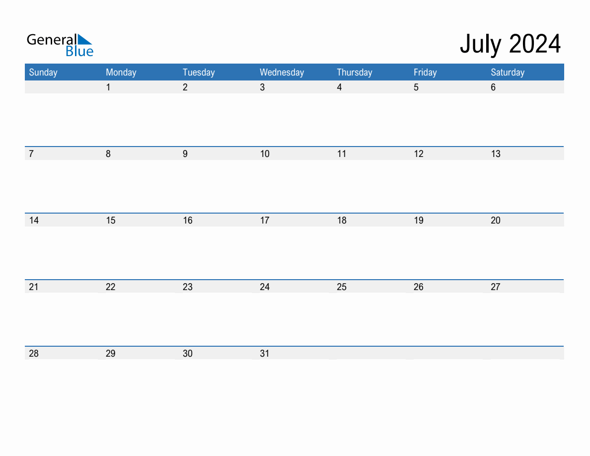 July 2024 Monthly Calendar (Pdf, Word, Excel) throughout Blank July 2024 Calendar Editable