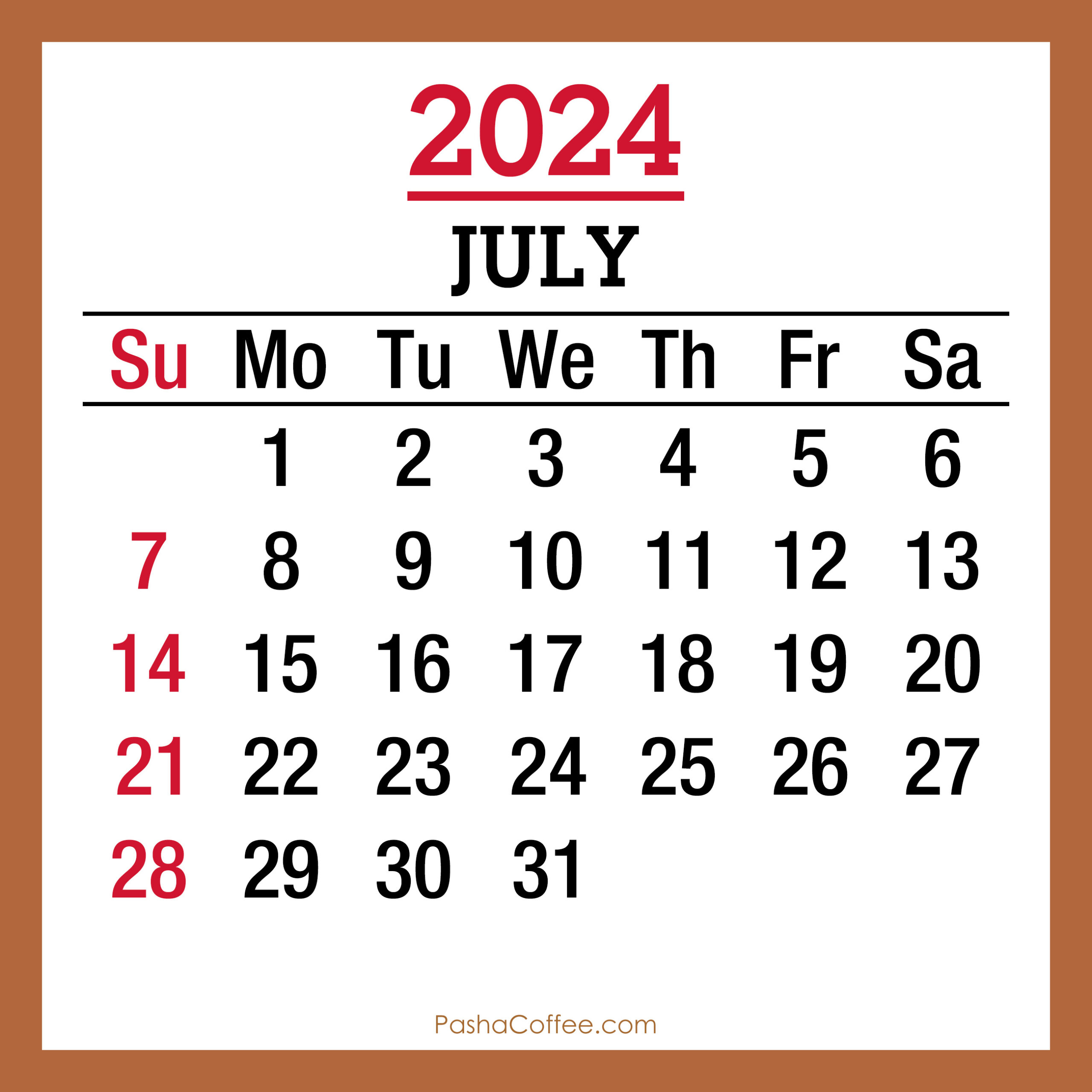 July 2024 Monthly Calendar, Printable Free, Beige, Sunday Start for 20 Month Calendar Starting July 2024