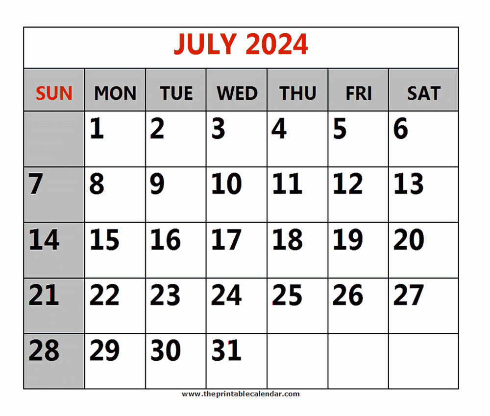 July 2024 Printable Calendars throughout 9 July 2024 Calendar Printable