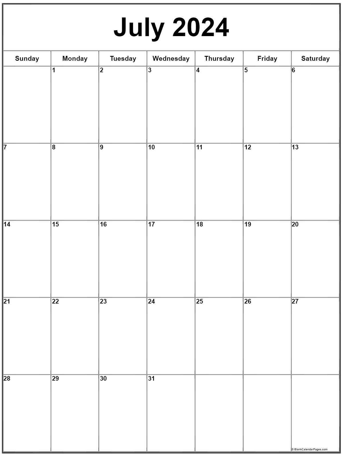July 2024 Vertical Calendar | Portrait for Blank Calendar For July 2024