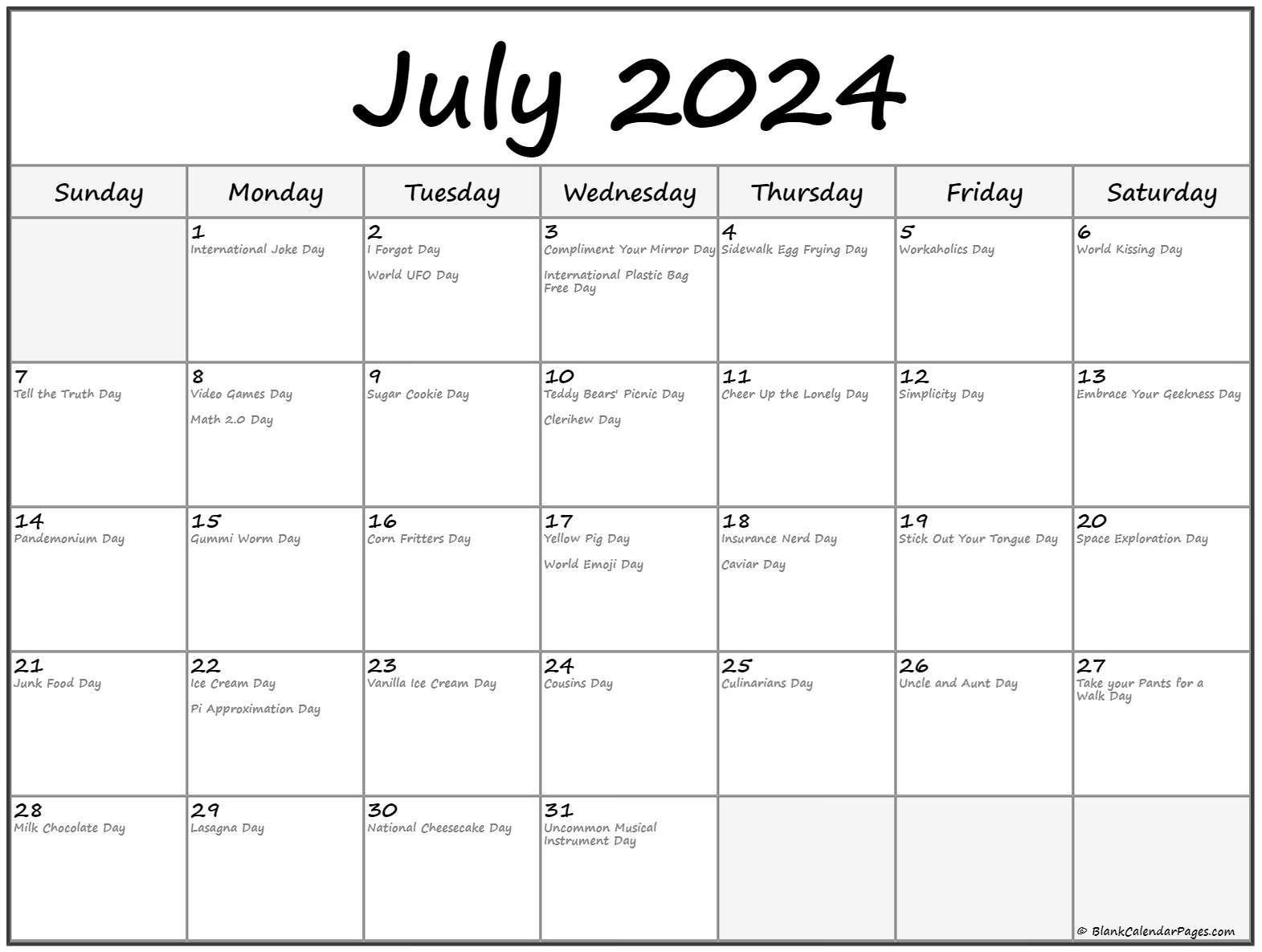 July 2024 With Holidays Calendar inside July 28th Holiday Calendar 2024