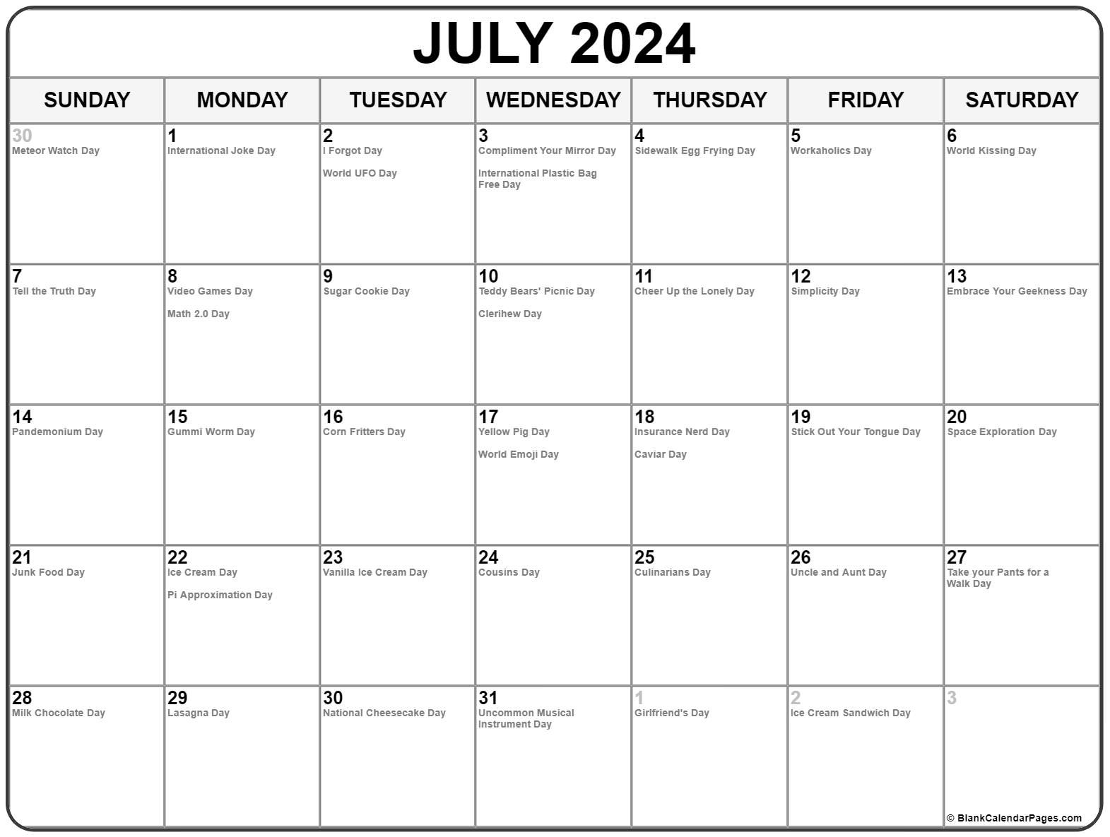 July 2024 With Holidays Calendar regarding July 19th Holiday Calendar 2024
