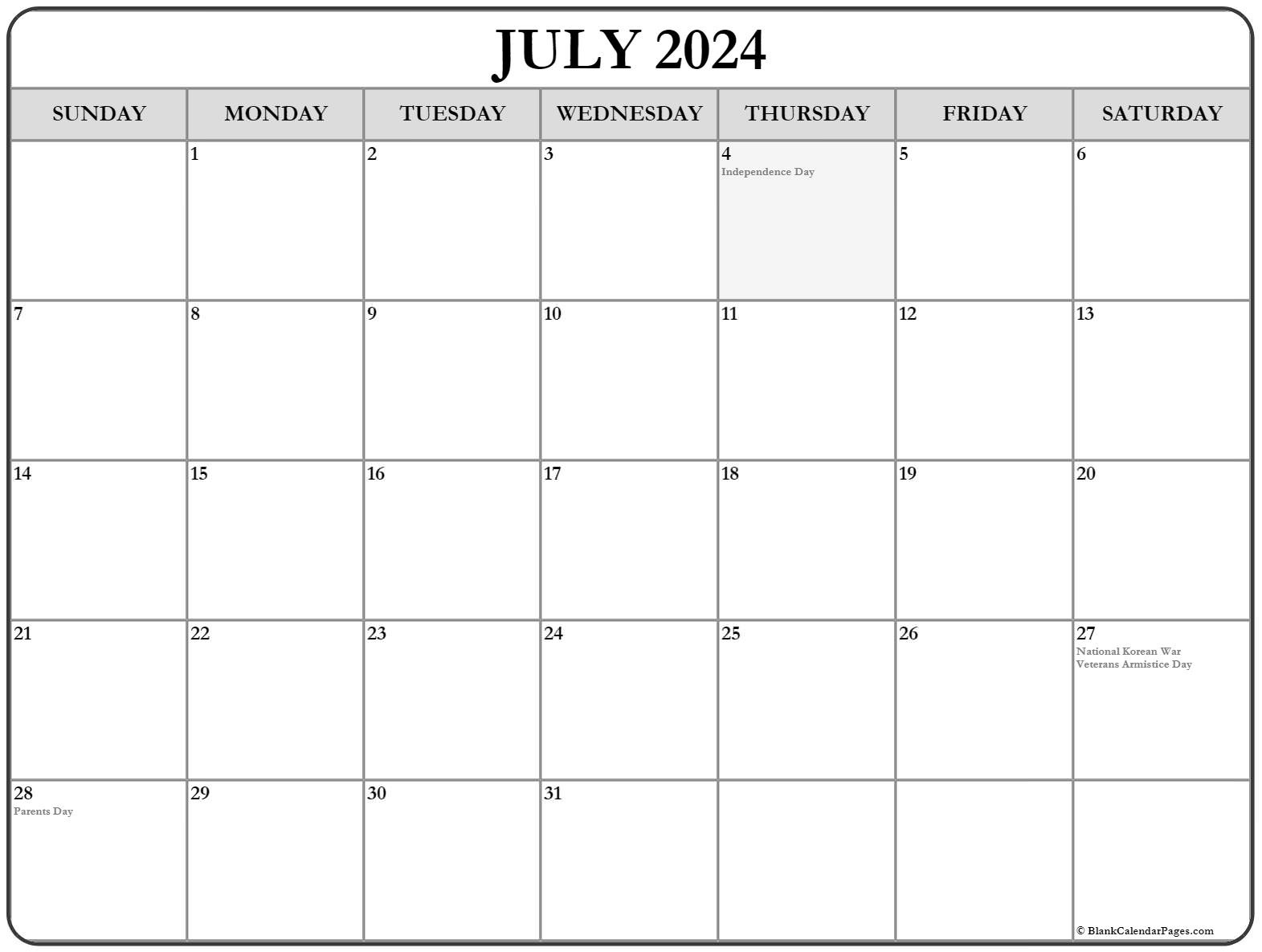 July 2024 With Holidays Calendar with regard to July 6Th Holiday Calendar 2024