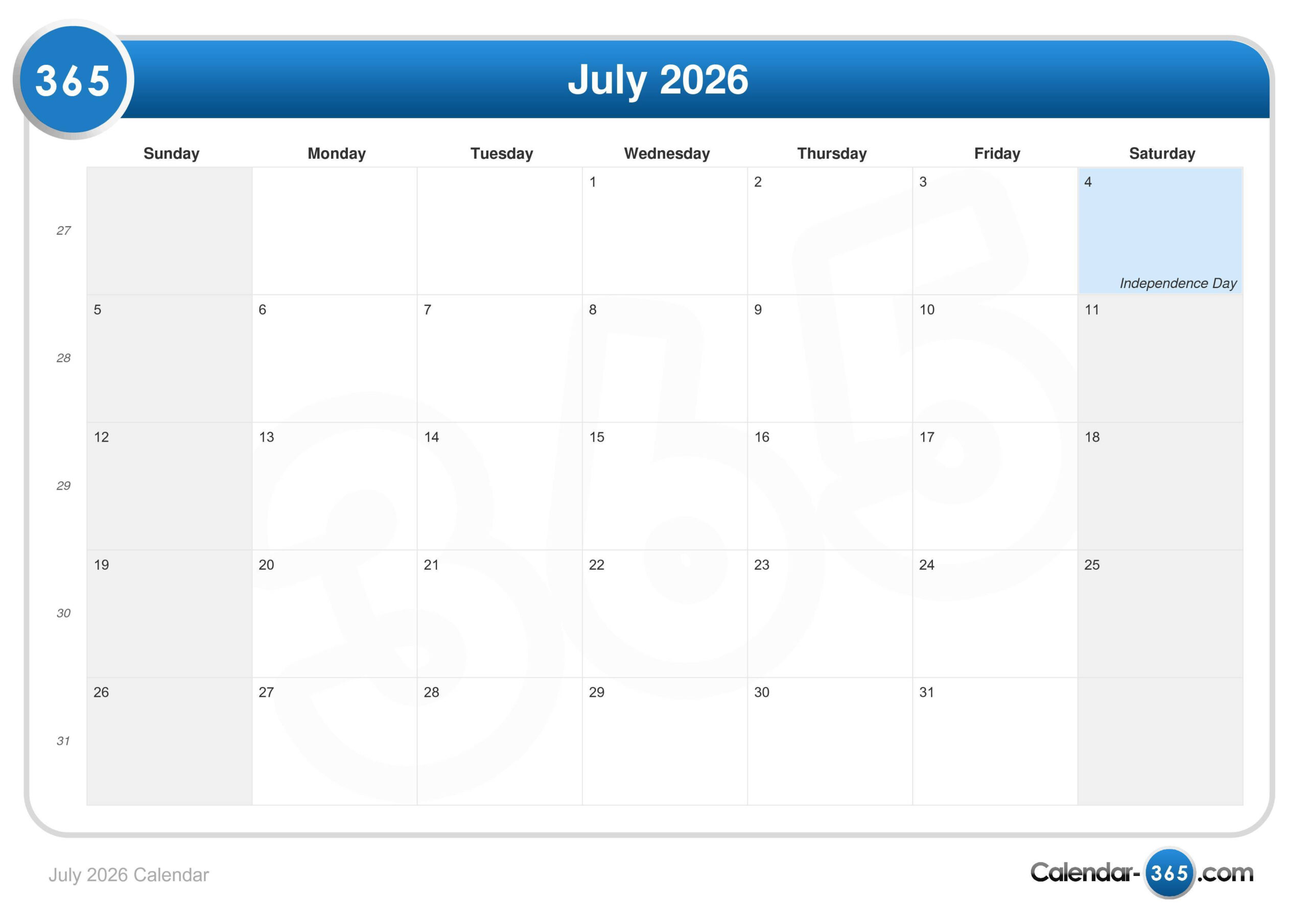 July 2026 Calendar regarding Calendar For July 2026
