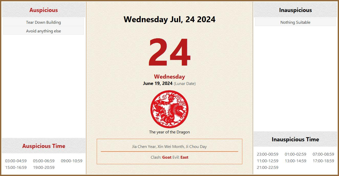 July 24, 2024 Almanac Calendar: Auspicious/Inauspicious Events And with July 24 Chinese Calendar 2024