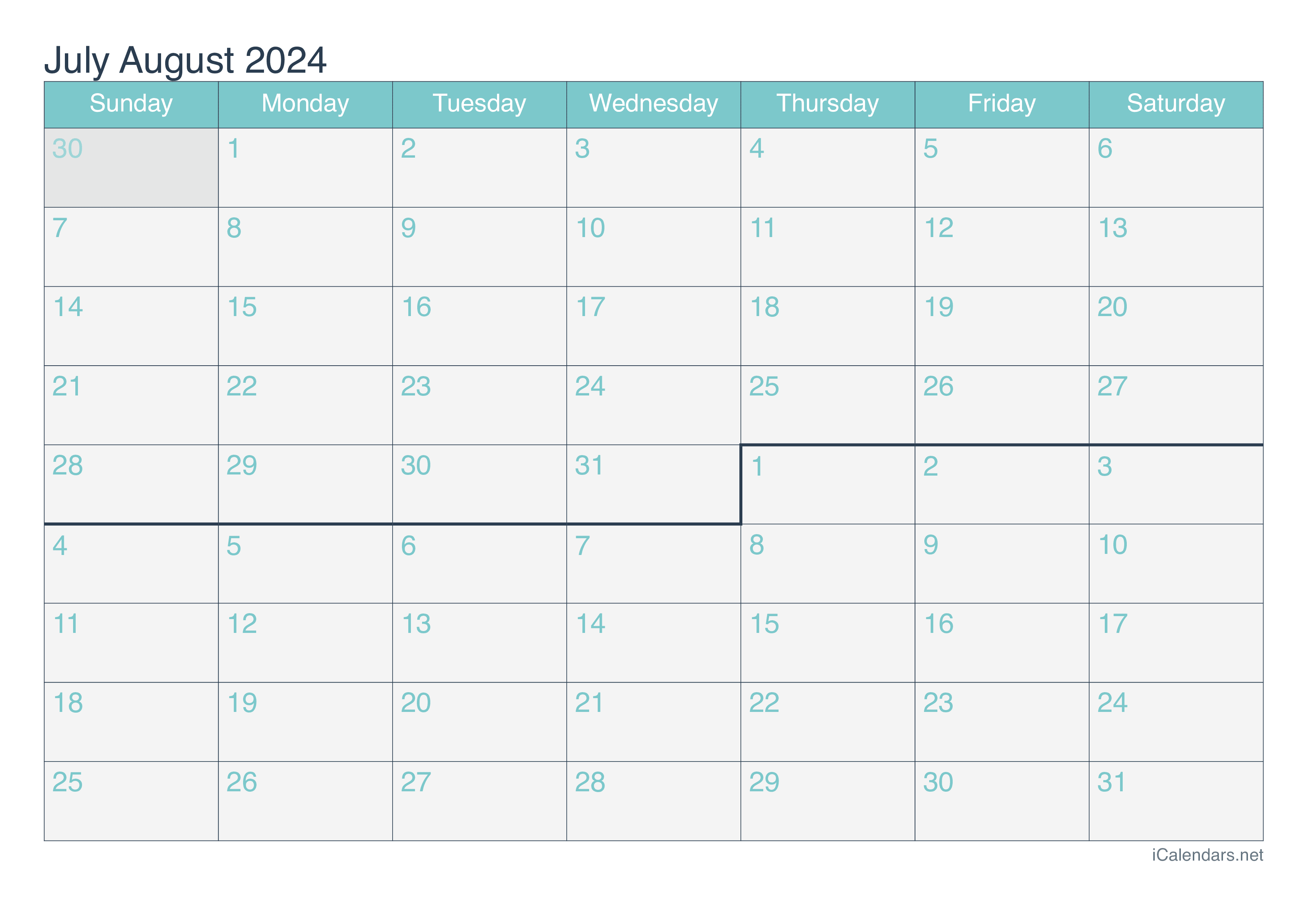 July And August 2024 Printable Calendar with regard to 2024 Calendar July August