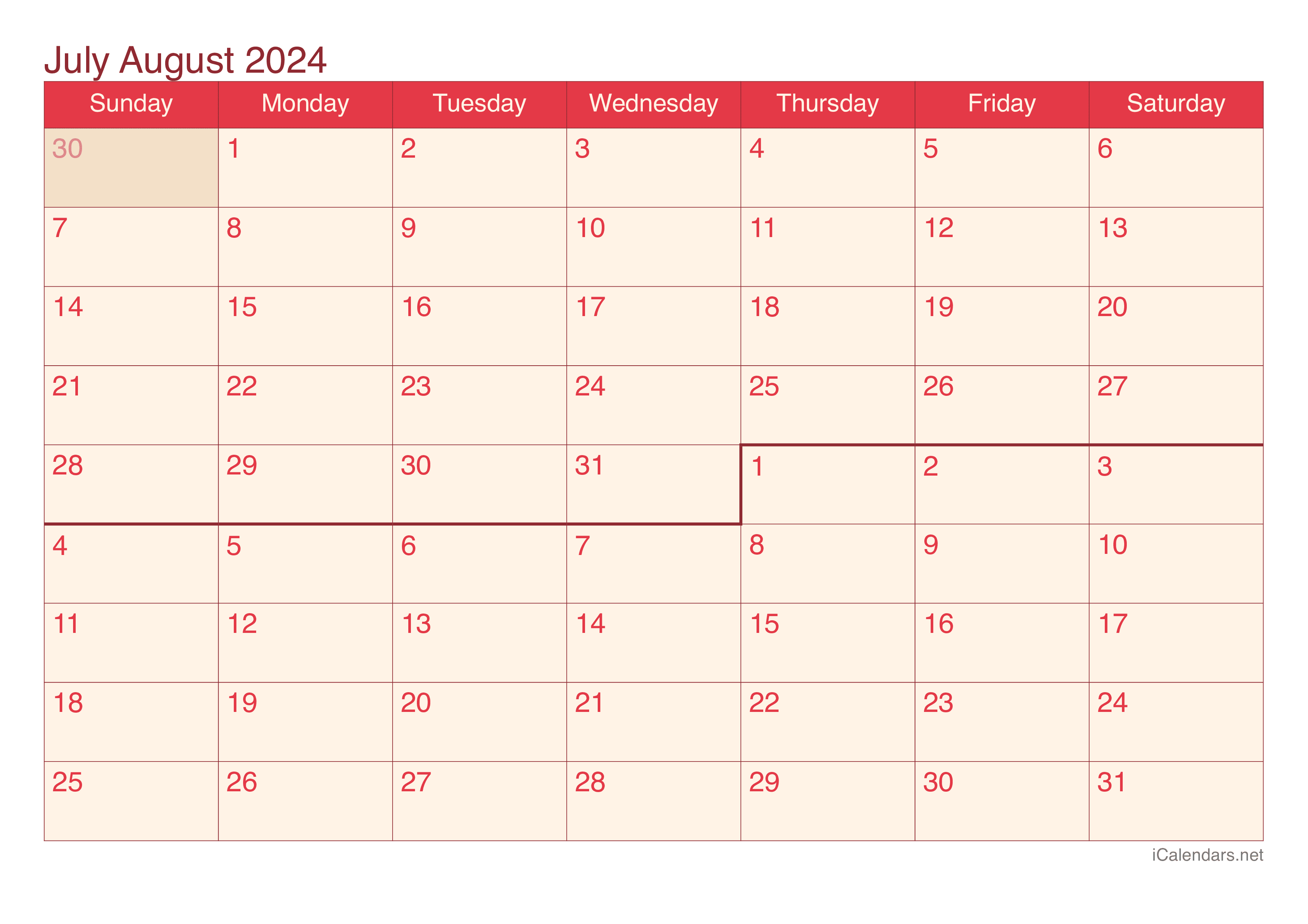 July And August 2024 Printable Calendar within Calendar For the Month of July and August 2024