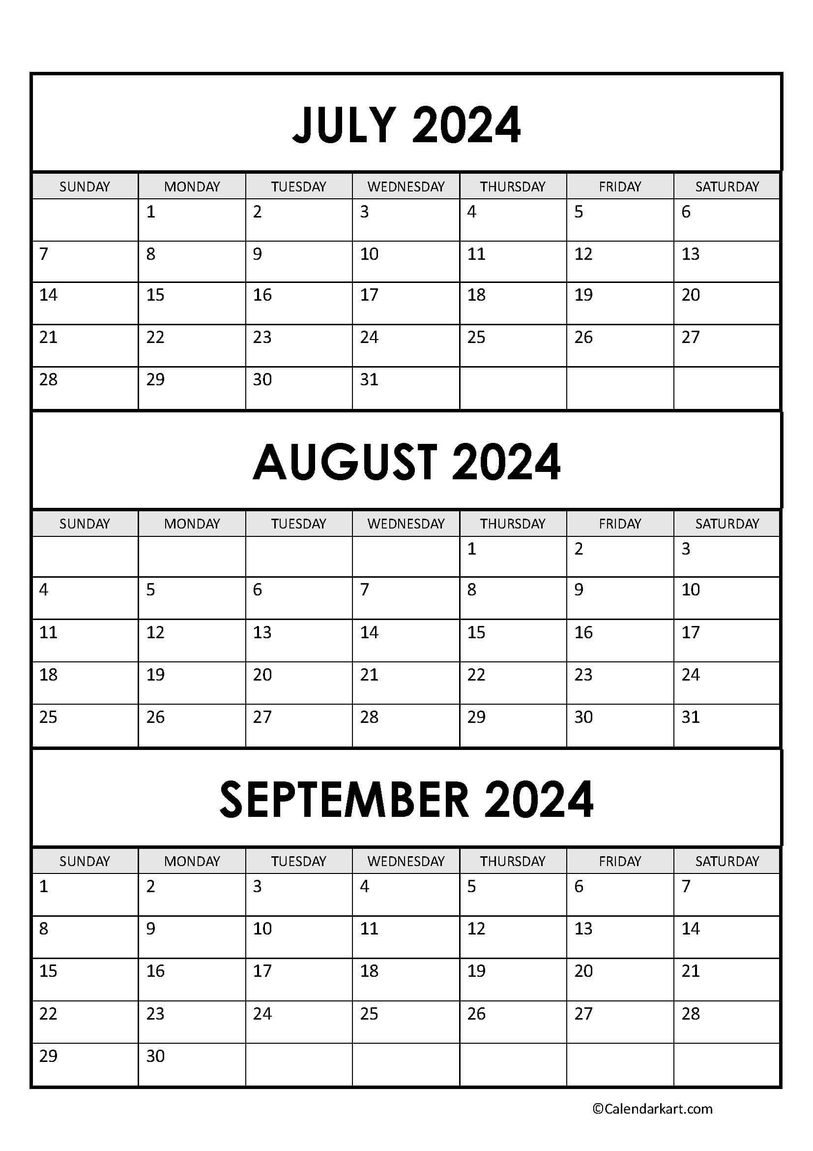 July To September 2024 Calendar (Q3) - Calendarkart inside 3 Month Calendar July August September 2024
