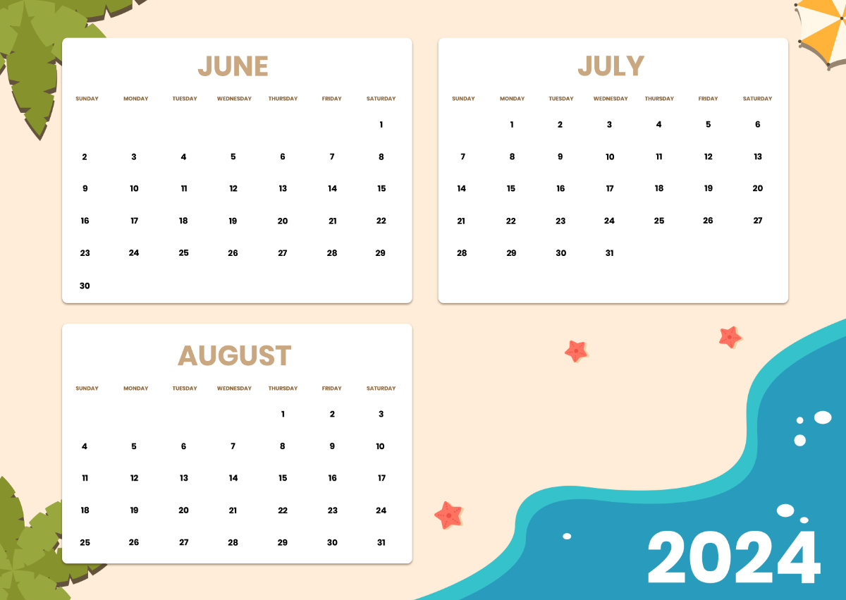 June July August Calendar 2024 Template - Edit Online &amp;amp; Download for Blank Calendar For June July and August 2024
