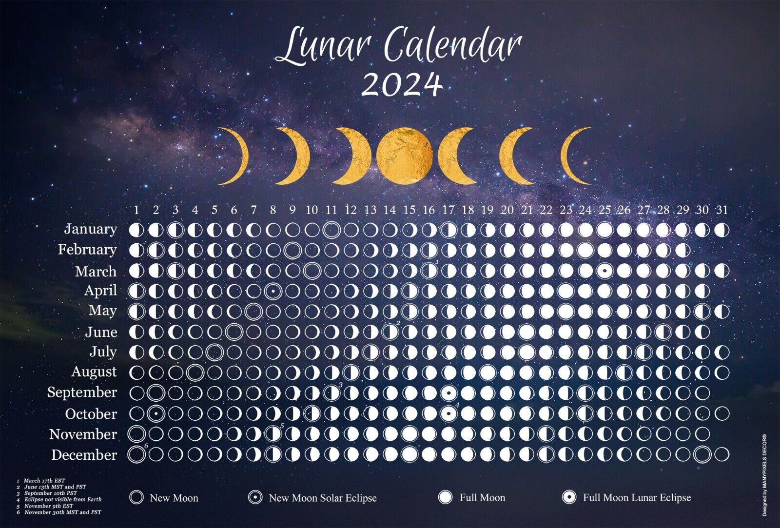 Moon Calendar 2024 - Blue Horizontal - Lunar Phases Tracker - 18 X for July 31 Lunar Calendar 2024
