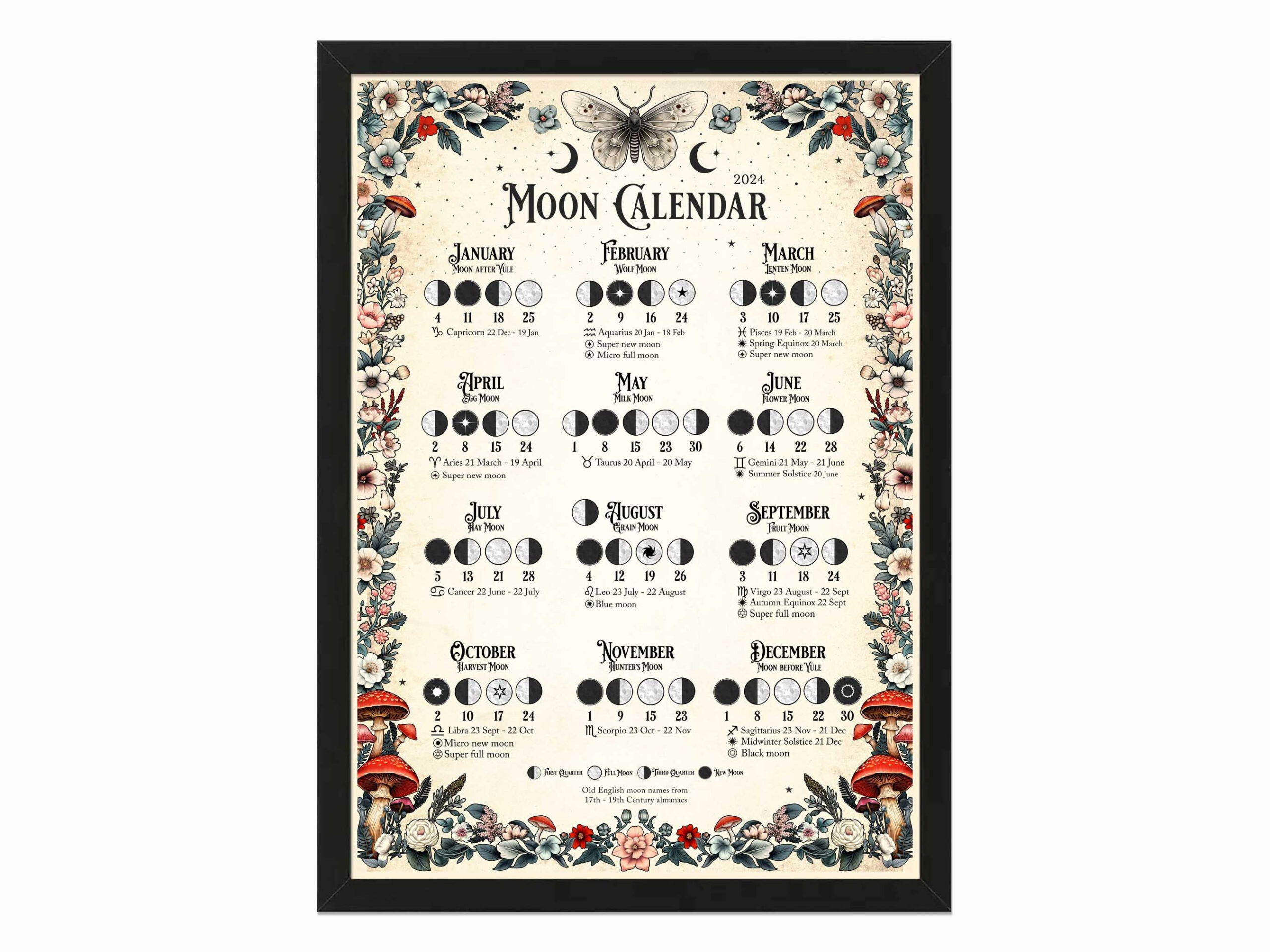 Moon Calendar 2024, Lunar Calendar Printable Poster. Witch Moon with July 30th Lunar Calendar 2024