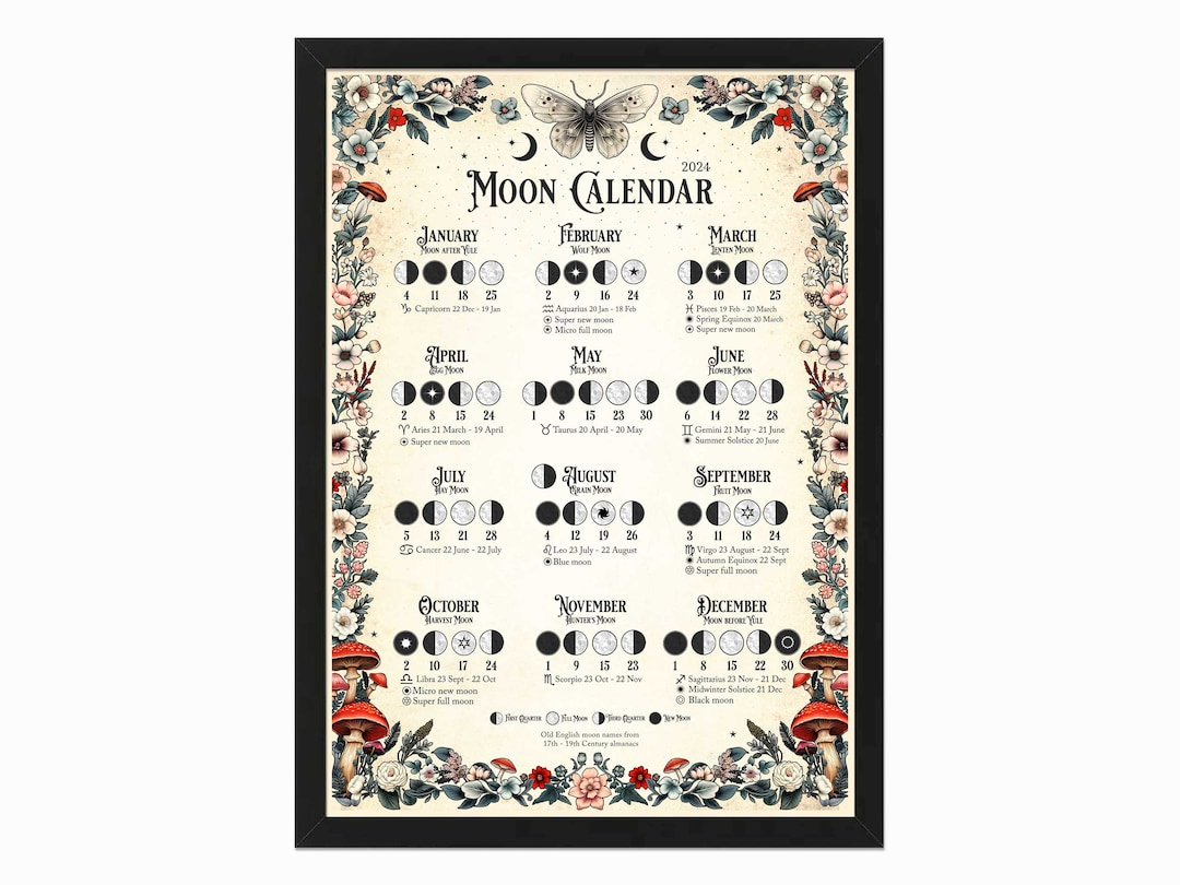 Moon Calendar 2024, Lunar Calendar Printable Poster. Witch Moon with July 4Th Lunar Calendar 2024
