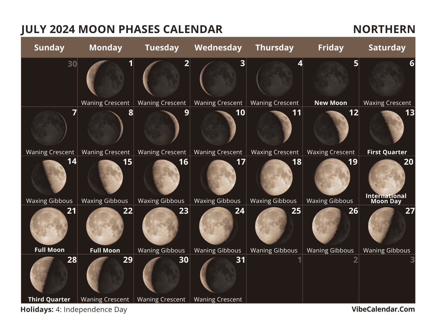 Moon Phases Calendar 2024: Printable Monthly Templates for 2024 July Moon Calendar