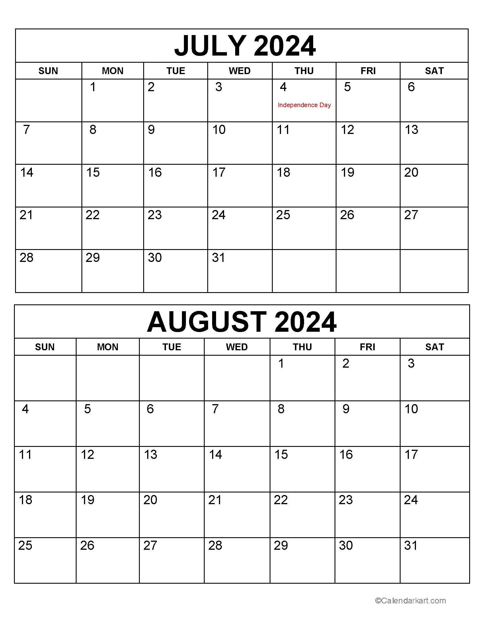Printable July August 2024 Calendar | Calendarkart in Calendar For The Month Of July And August 2024