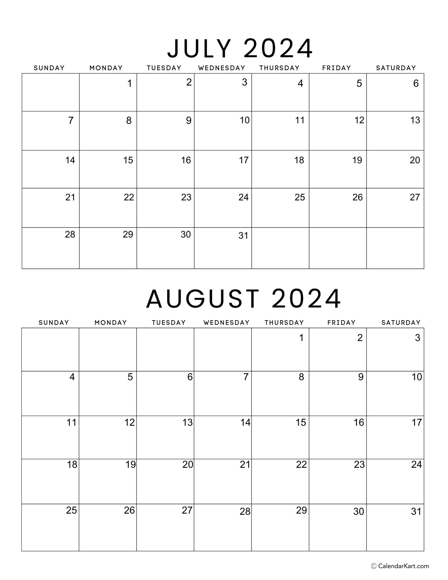 Printable July August 2024 Calendar | Calendarkart pertaining to Blank July August 2024 Calendar