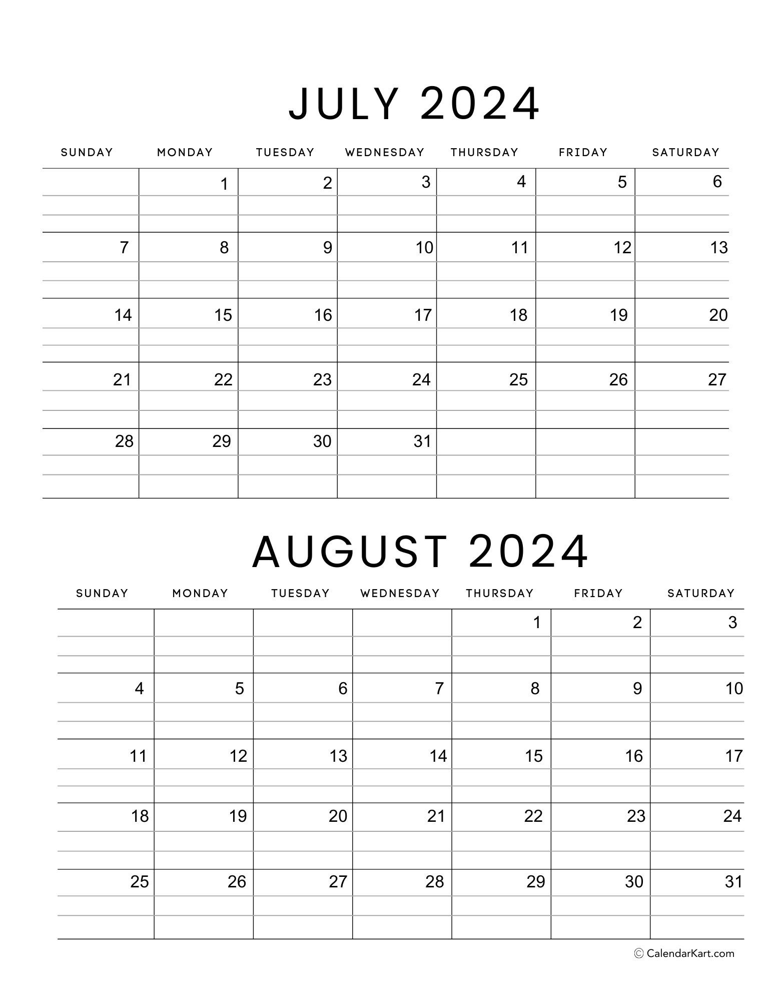 Printable July August 2024 Calendar | Calendarkart throughout Blank July August 2024 Calendar