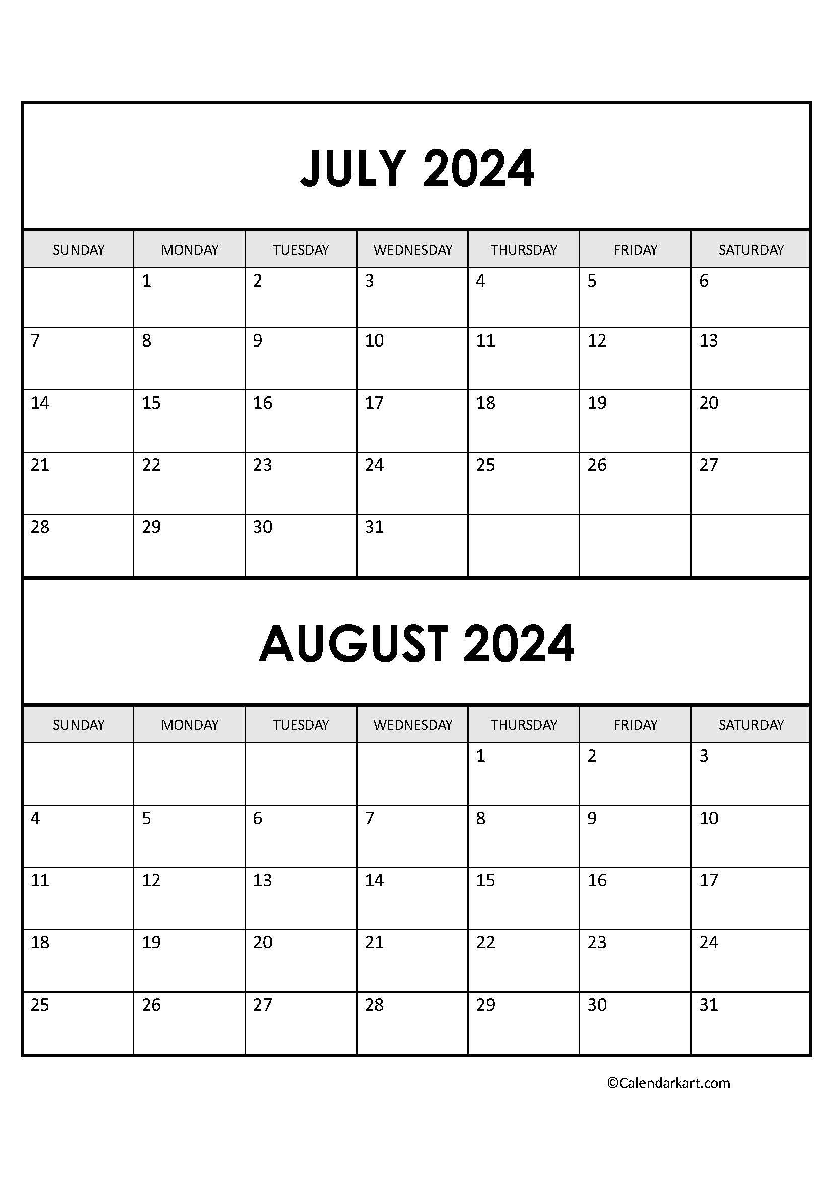 Printable July August 2024 Calendar | Calendarkart with Blank July August Calendar 2024