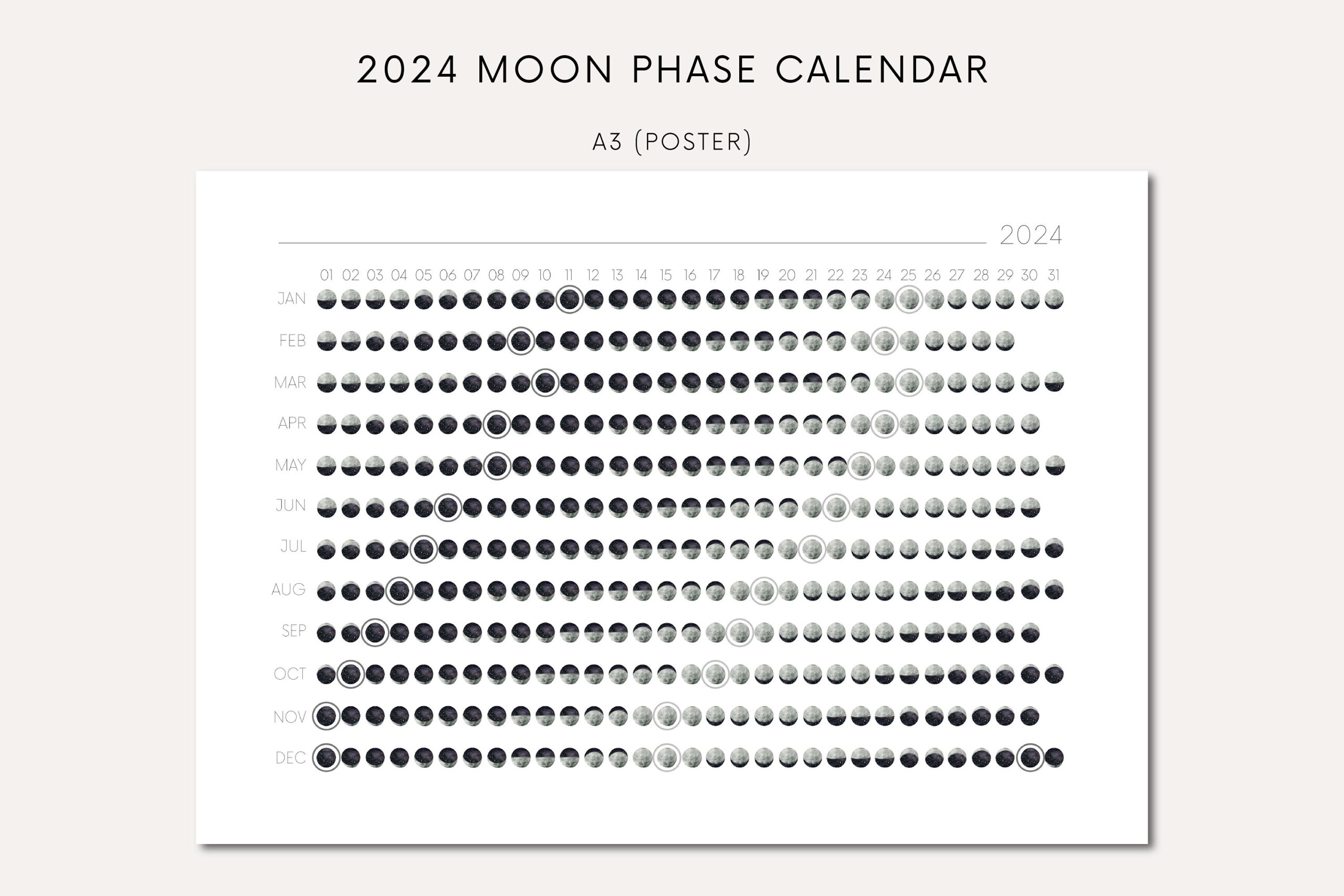 Printable Moon Phase Calendar 2024 Poster Download Lunar Art for July 20 Lunar Calendar 2024