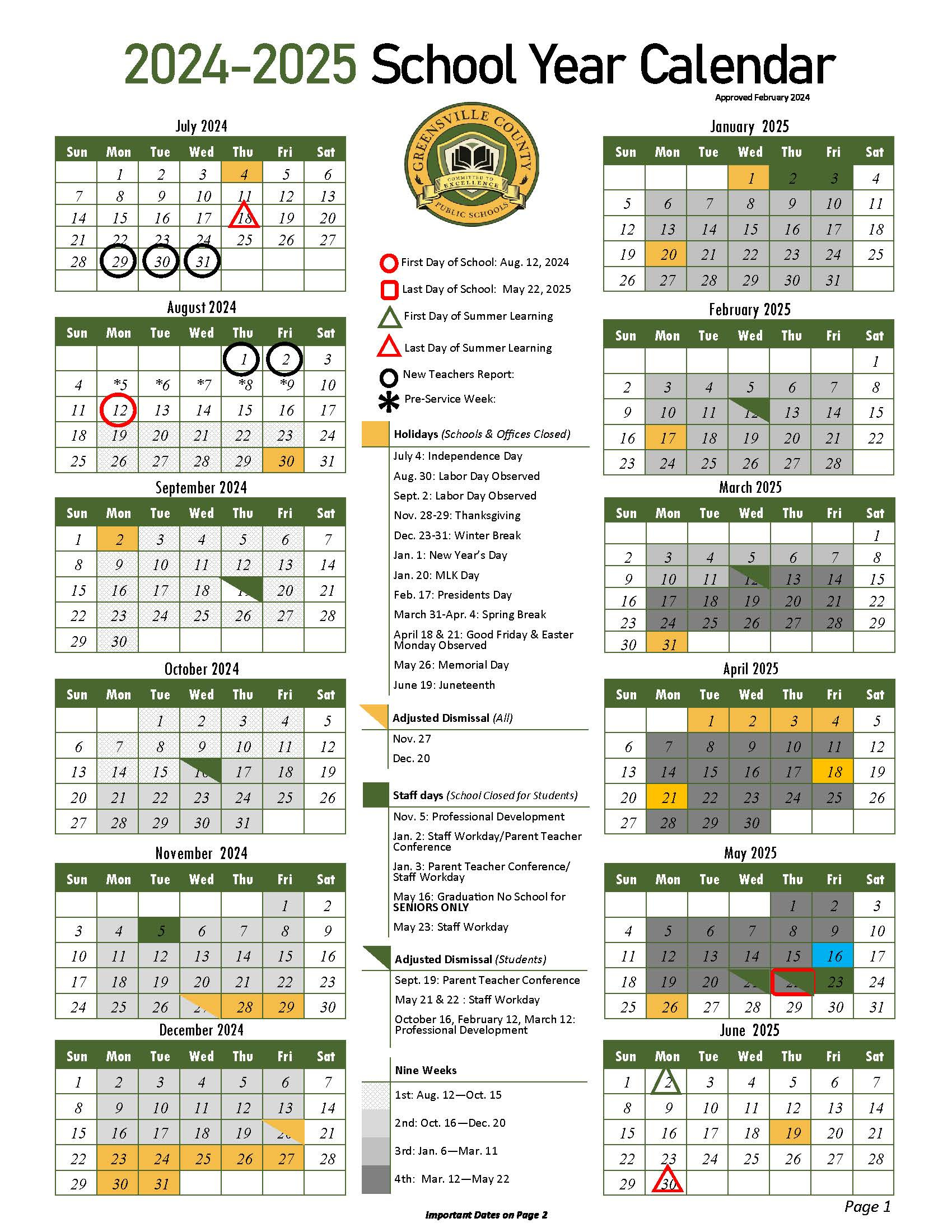 2024-2025 Calendar - School Calendar - Greensville County Public for Augusta County Schools Calendar 24 25 Printable