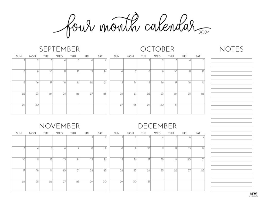 2024 Four Month Calendars - 18 Free Printables | Printabulls throughout August - December 2024 Calendar