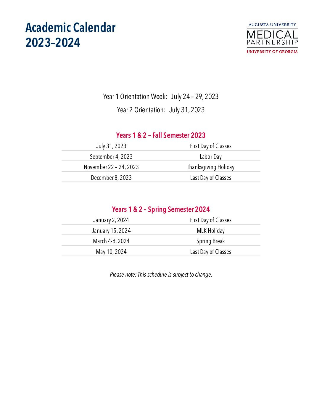 Academic Calendar 2023-24 - Au/Uga Medical Partnership in Augusta University Calendar 2024