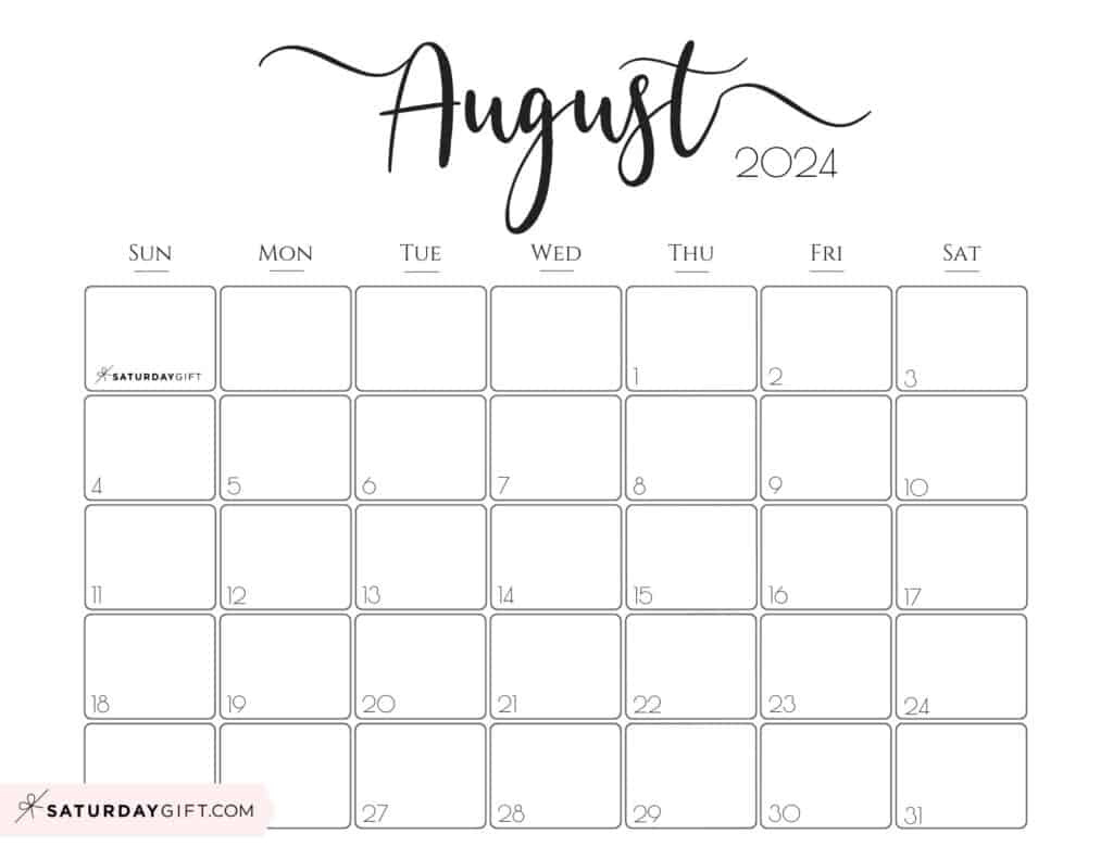 August 2024 Calendar - 20 Cute &amp;amp; Free Printables | Saturdaygift for National Day Calendar August 2024 Printable