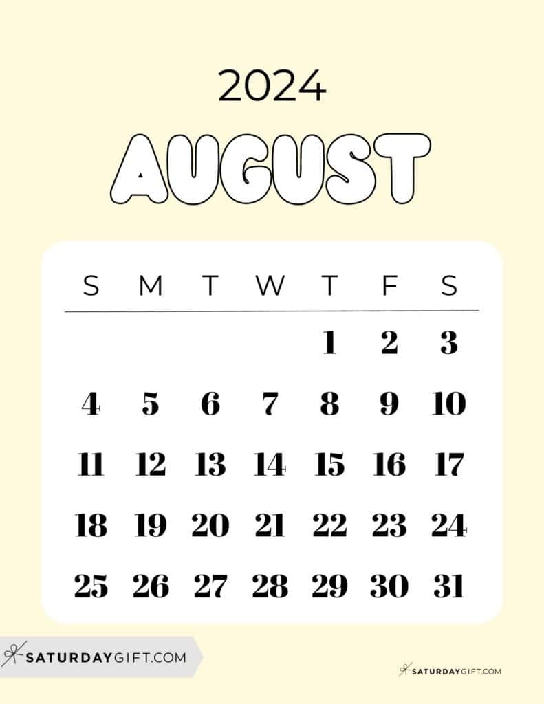 August 2024 Calendar - 20 Cute &amp;amp; Free Printables | Saturdaygift in August 2024 Calendar Cute