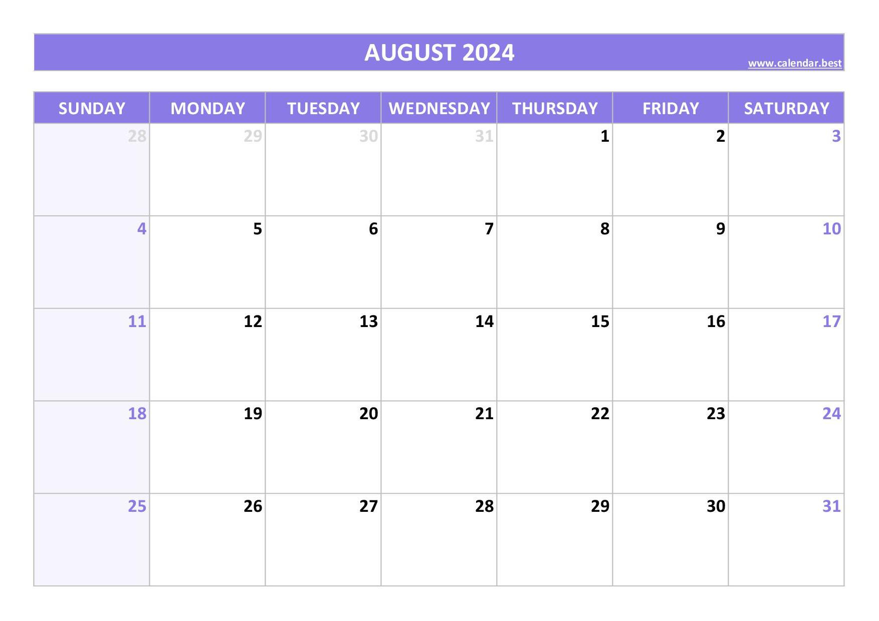 August 2024 Calendar -Calendar.best with Free Printable Editable August 2024 Calendar